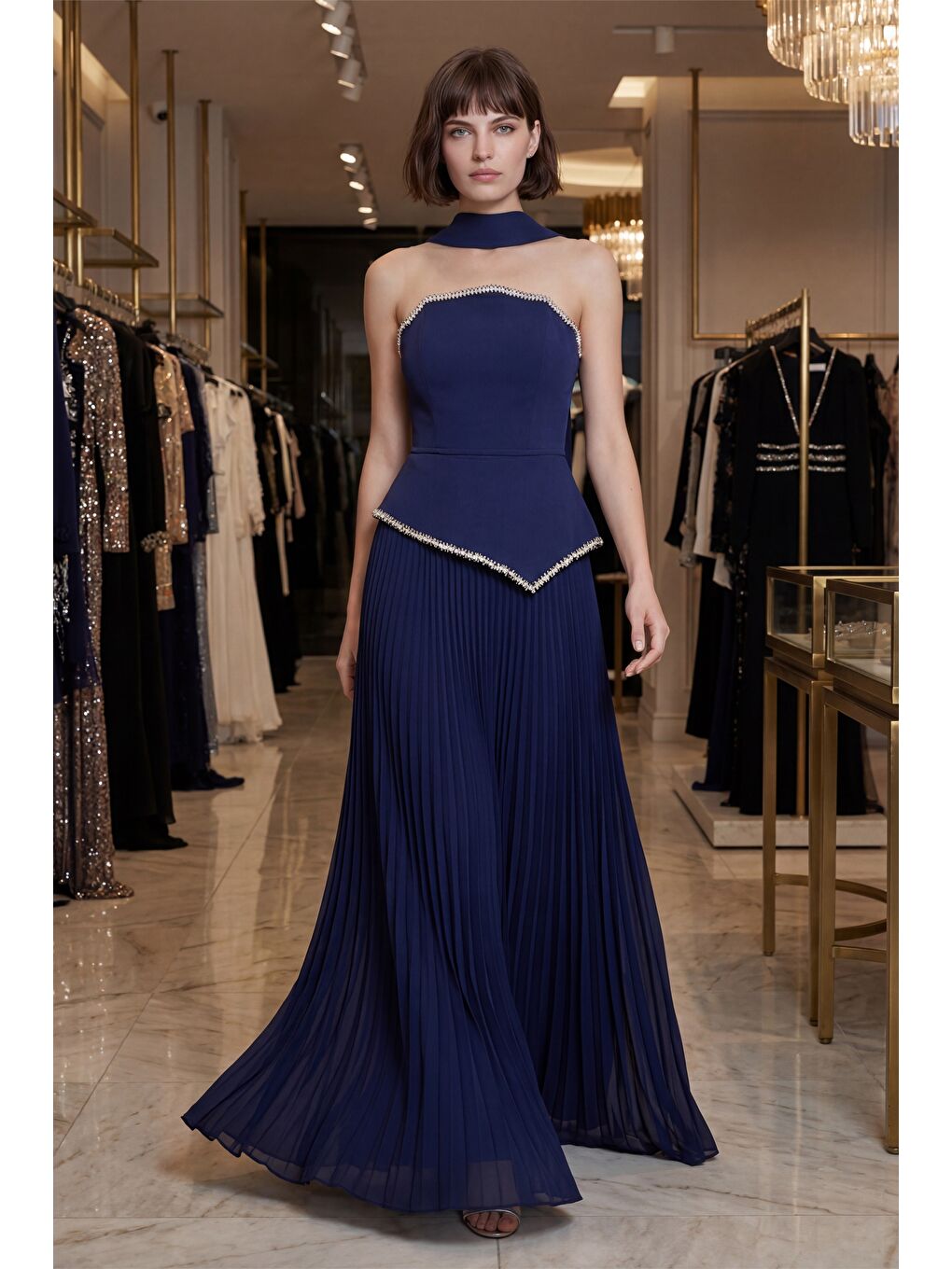 Kadın Lacivert Dar Kalıp Şal Yaka Piliseli Uzun Abiye Elbise-4