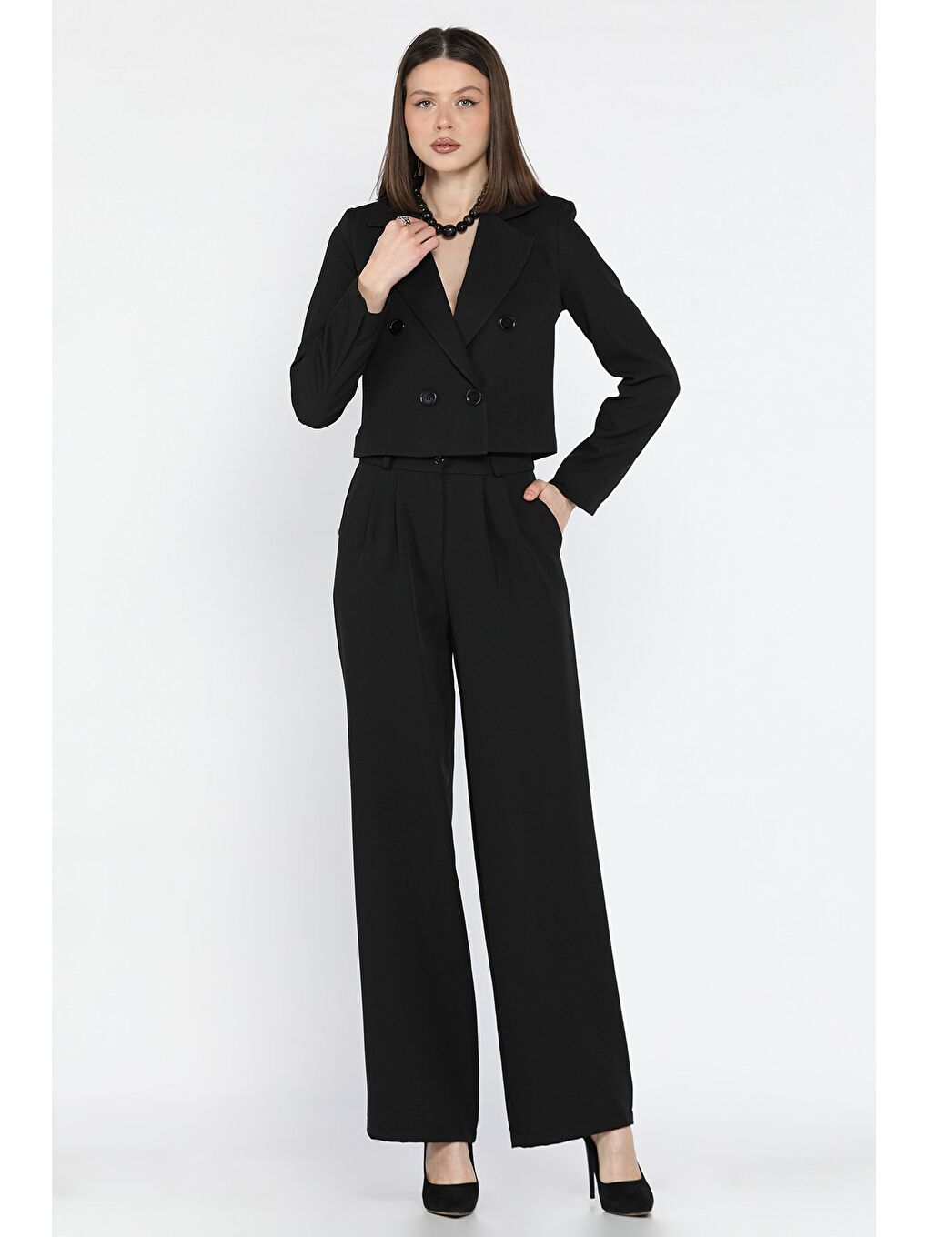 Siyah Kadın Dört Düğmeli Blazer Ceket Palazzo Pantolon İkili Takım