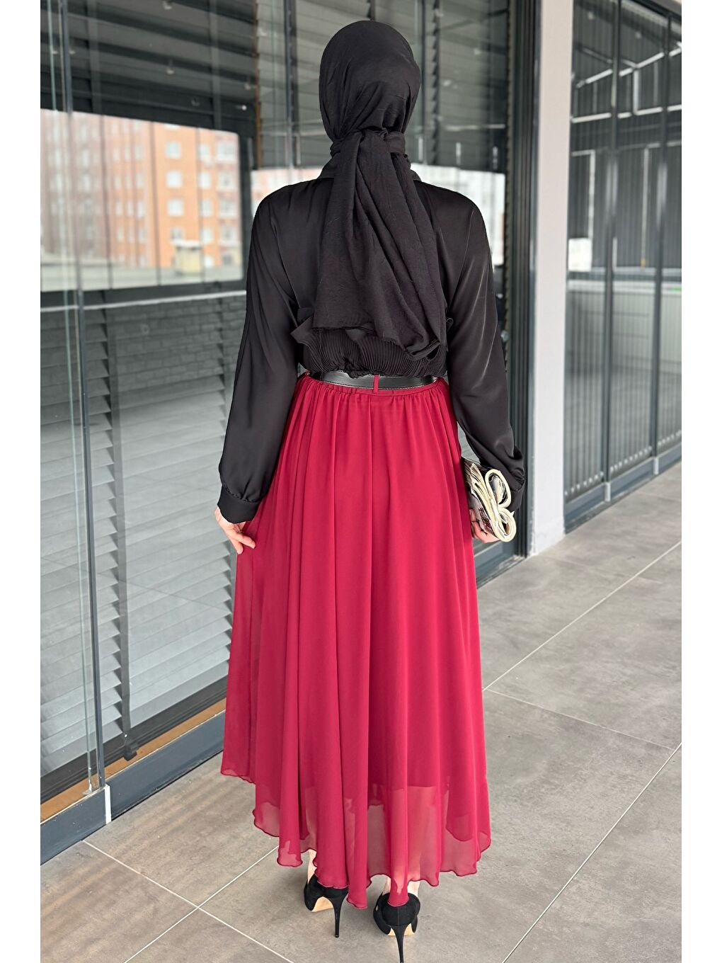 Bordo Kemerli Tesettür Şifon Etek-9