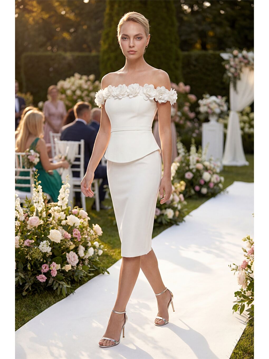 Kadın Beyaz Kayık Yaka Çiçek Detaylı Midi Söz Nişan Nikah Abiye Elbise-4