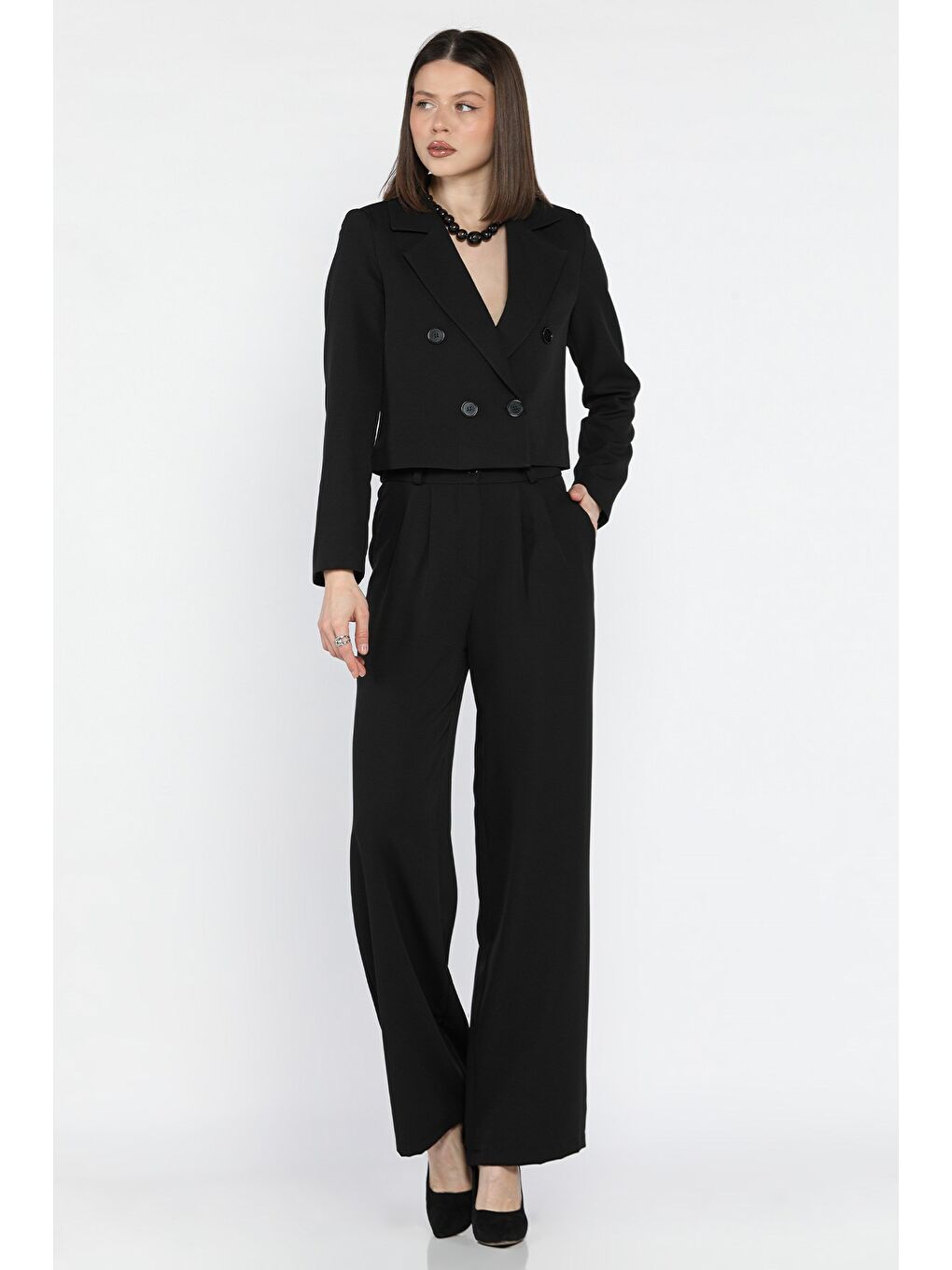 Siyah Kadın Dört Düğmeli Blazer Ceket Palazzo Pantolon İkili Takım-1