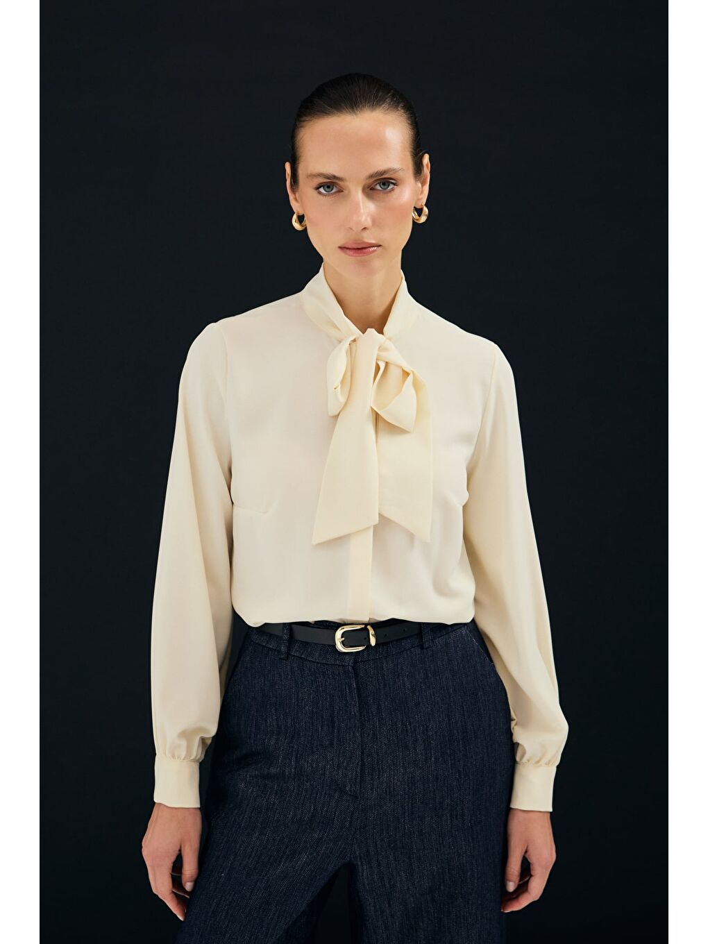 Yakası Bağlamalı Düz Gömlek - Sarı-2