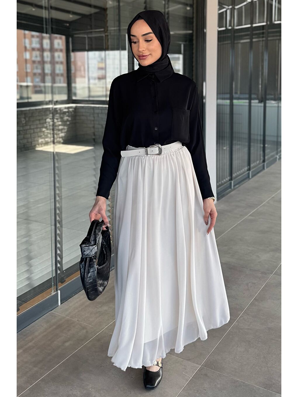 Bej Kemerli Tesettür Şifon Etek-3