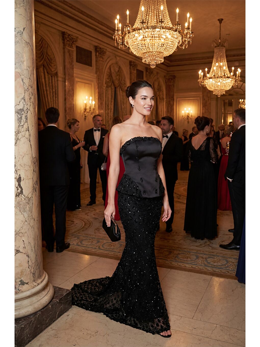 Kadın Siyah Dar Kalıp Straplez Yaka Payetli Uzun Abiye Elbise-4