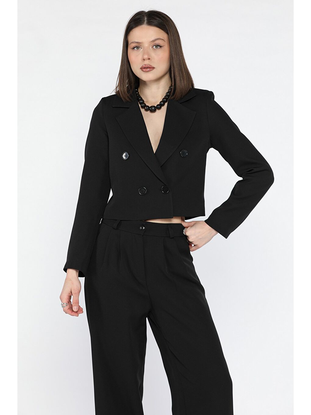 Siyah Kadın Dört Düğmeli Blazer Ceket Palazzo Pantolon İkili Takım-2