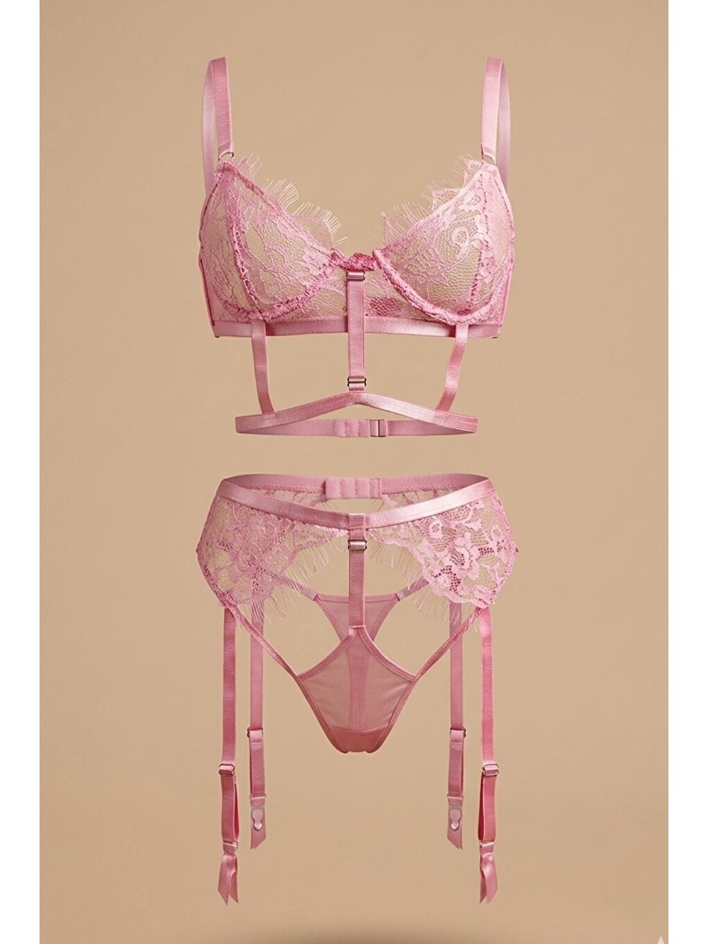 Dantel Detay Jartiyer Set Pembe