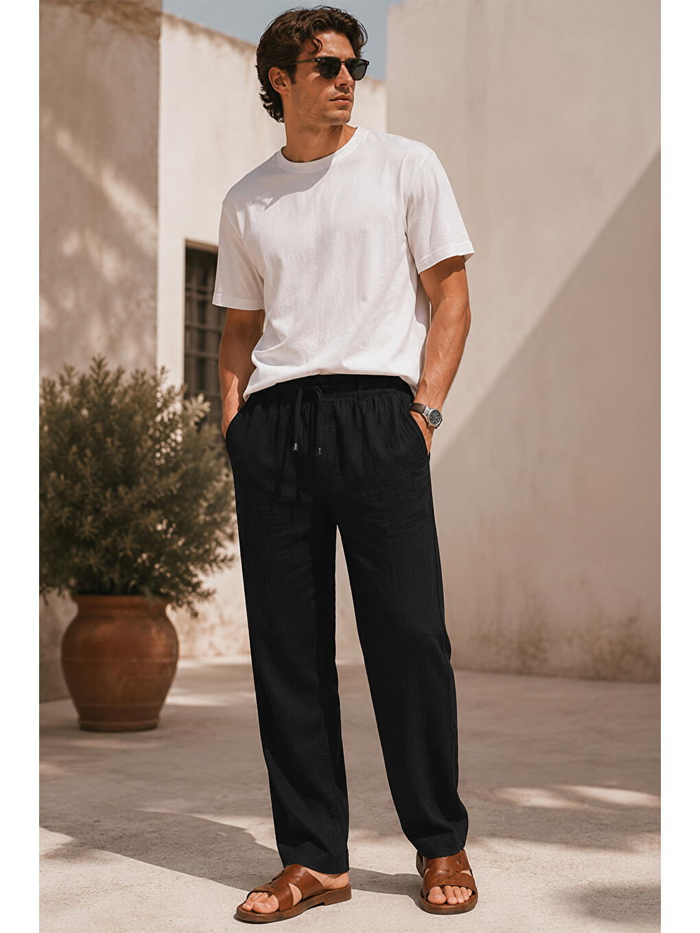 Erkek Siyah Regular Fit Müslin Pantolon
