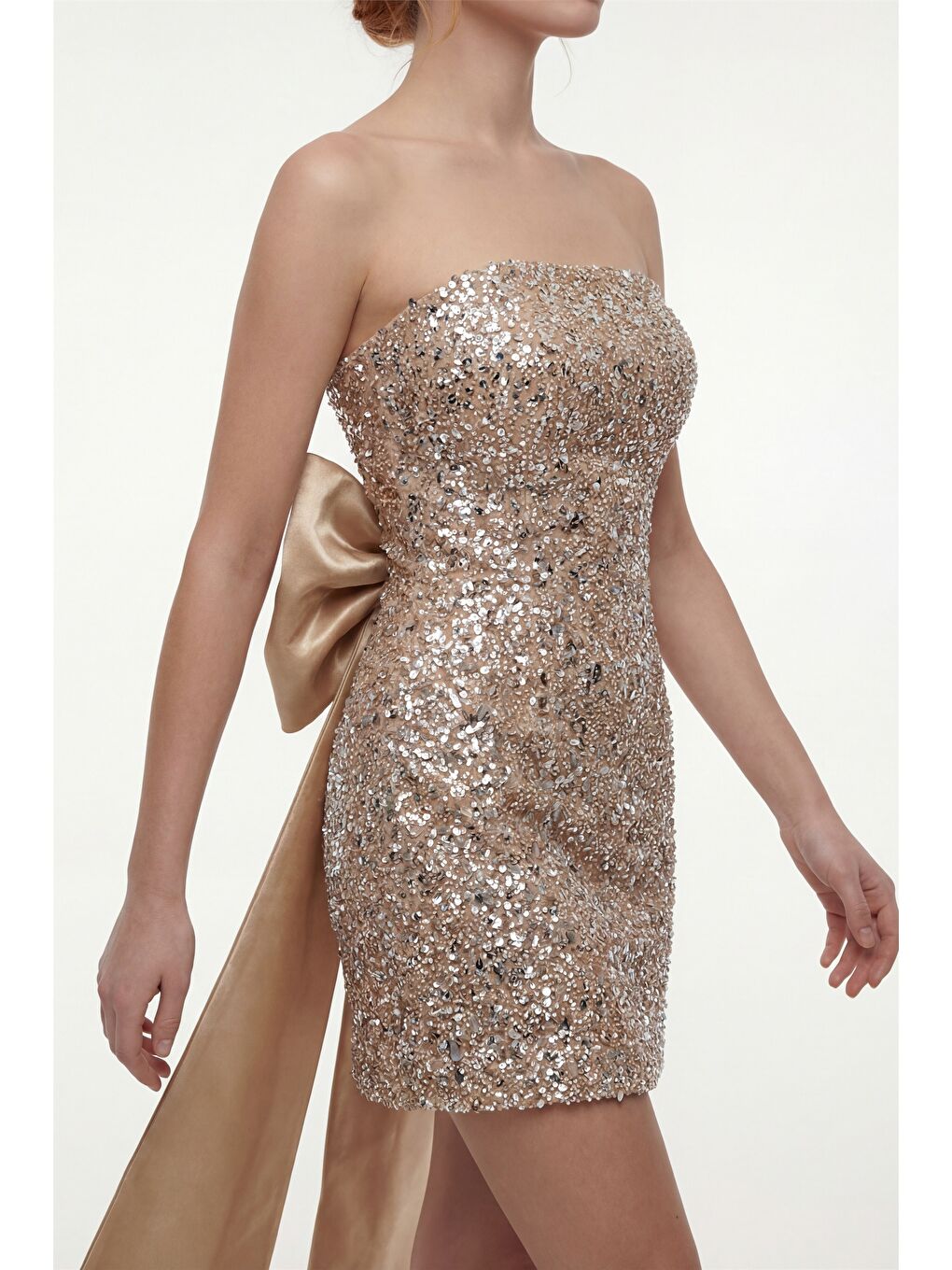 Kadın Bej Fiyonk Detay Taşlı Mini Abiye Elbise-4