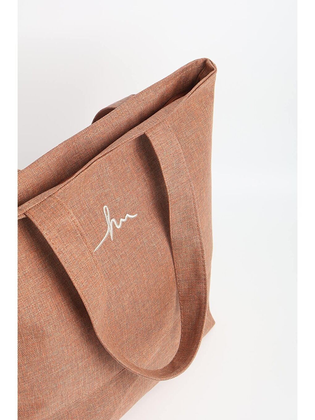 Kahverengi İmza Detaylı Nakışlı Fermuarlı Keten Plaj Çantası Kiremit Renk 35-1