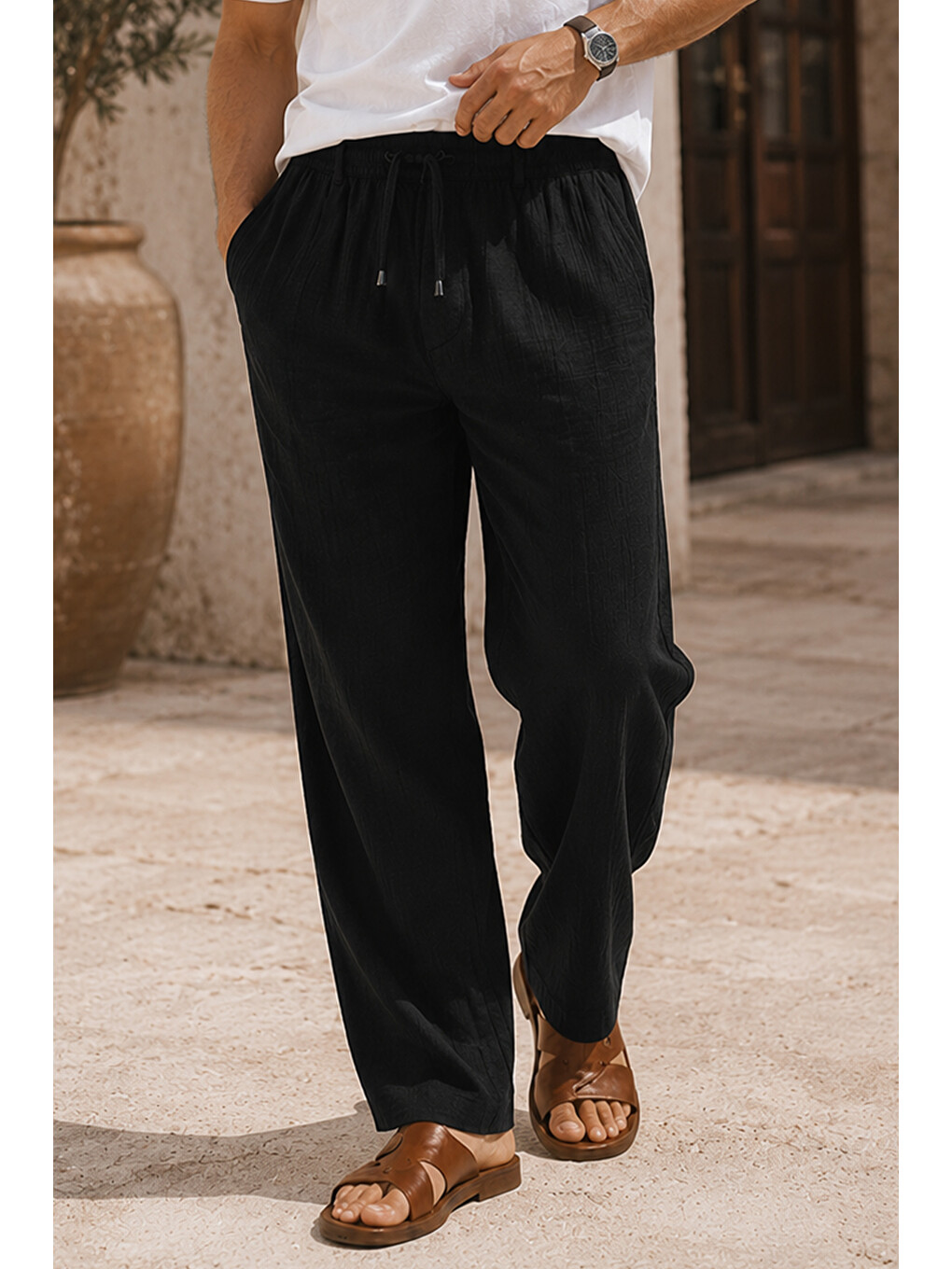 Erkek Siyah Regular Fit Müslin Pantolon-1
