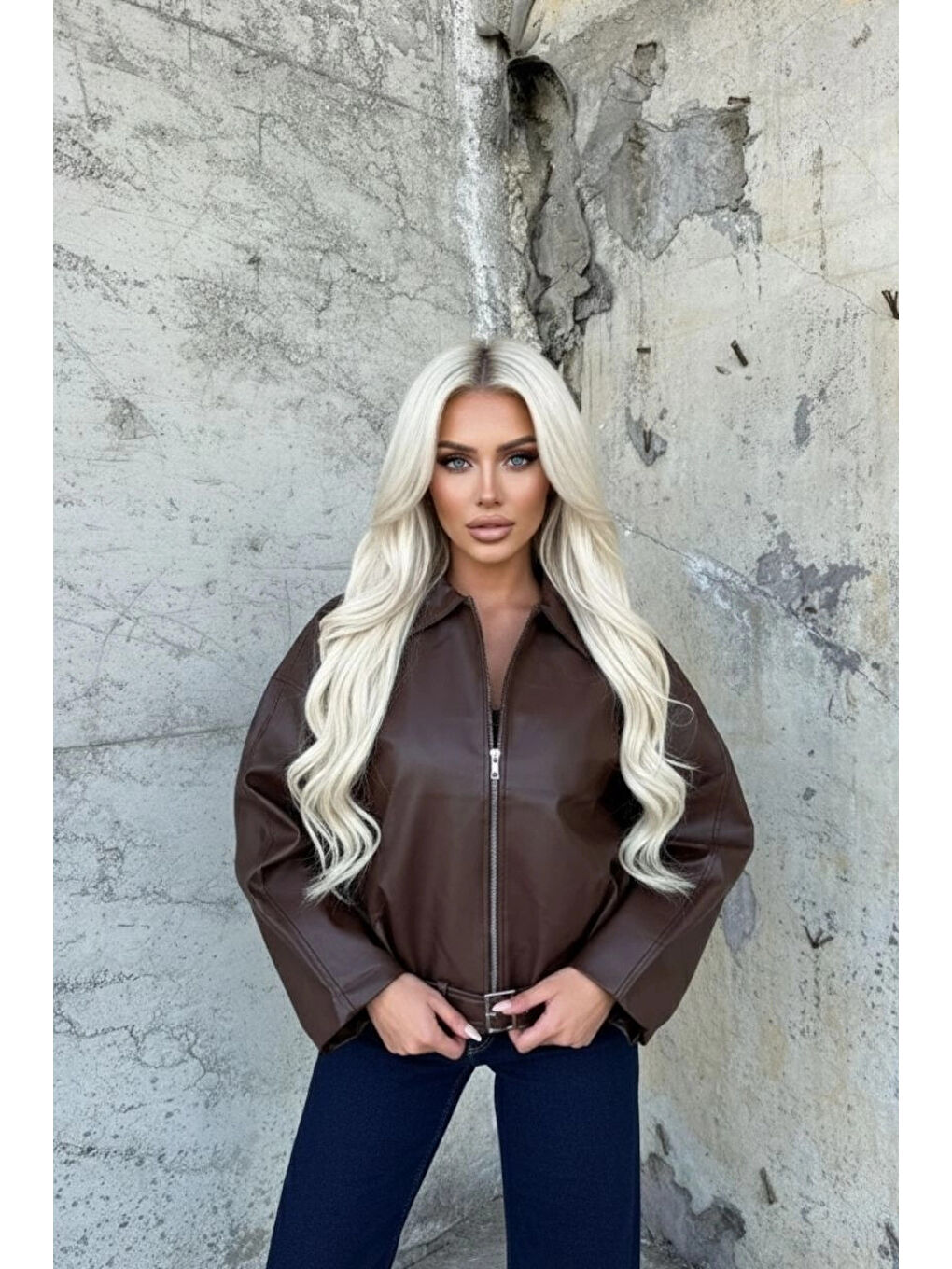 Kadın Kahverengi Fermuar Kapamalı Oversize Suni Deri Ceket HZL25W-BD110561-1