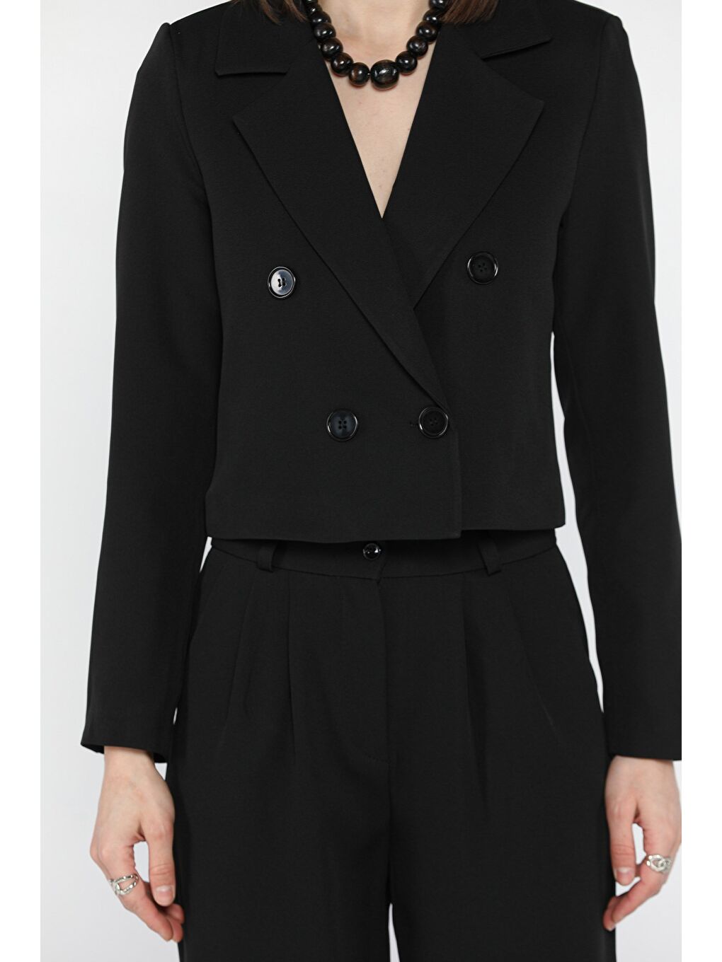 Siyah Kadın Dört Düğmeli Blazer Ceket Palazzo Pantolon İkili Takım-3