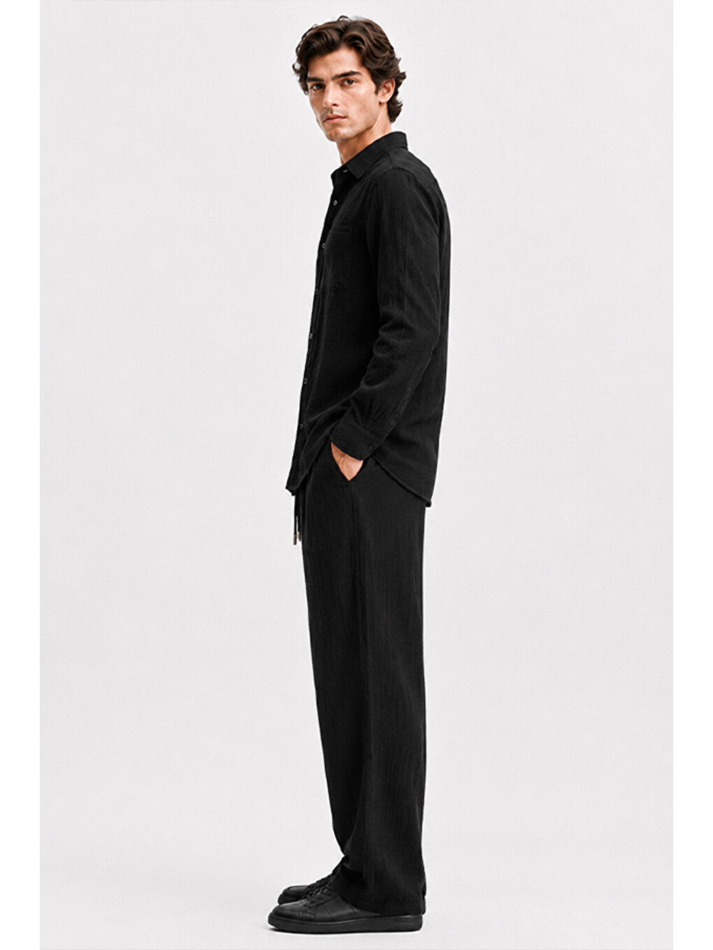 Erkek Siyah Regular Fit Müslin Pantolon-2
