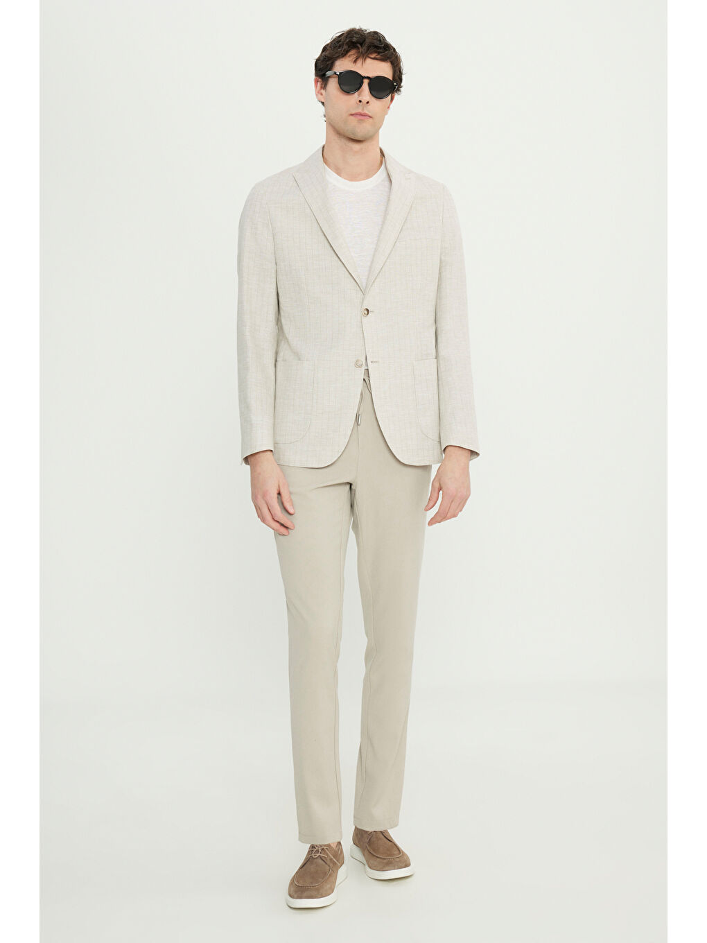 Erkek Bej Slim Fit Dar Kesim Beli Bağlamalı Yan Cepli Esnek Pantolon-1