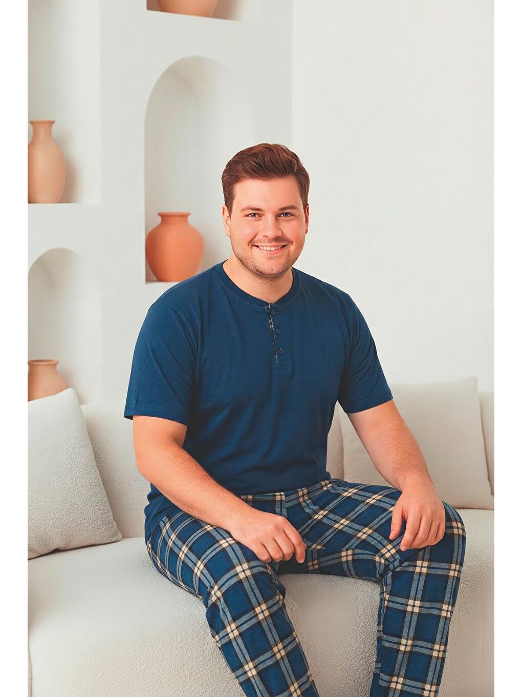Lacivert Erkek %100 Doğal Pamuk Ekoseli Kısa Kollu Düğmeli Yüksek Kaliteli Battal Pijama Takımı-1