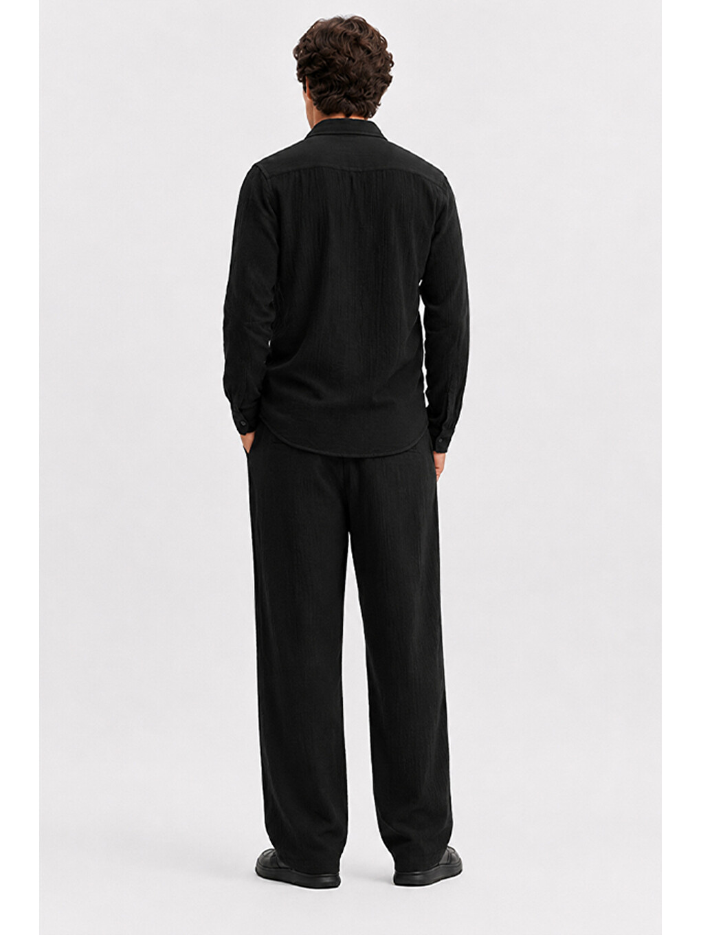Erkek Siyah Regular Fit Müslin Pantolon-3