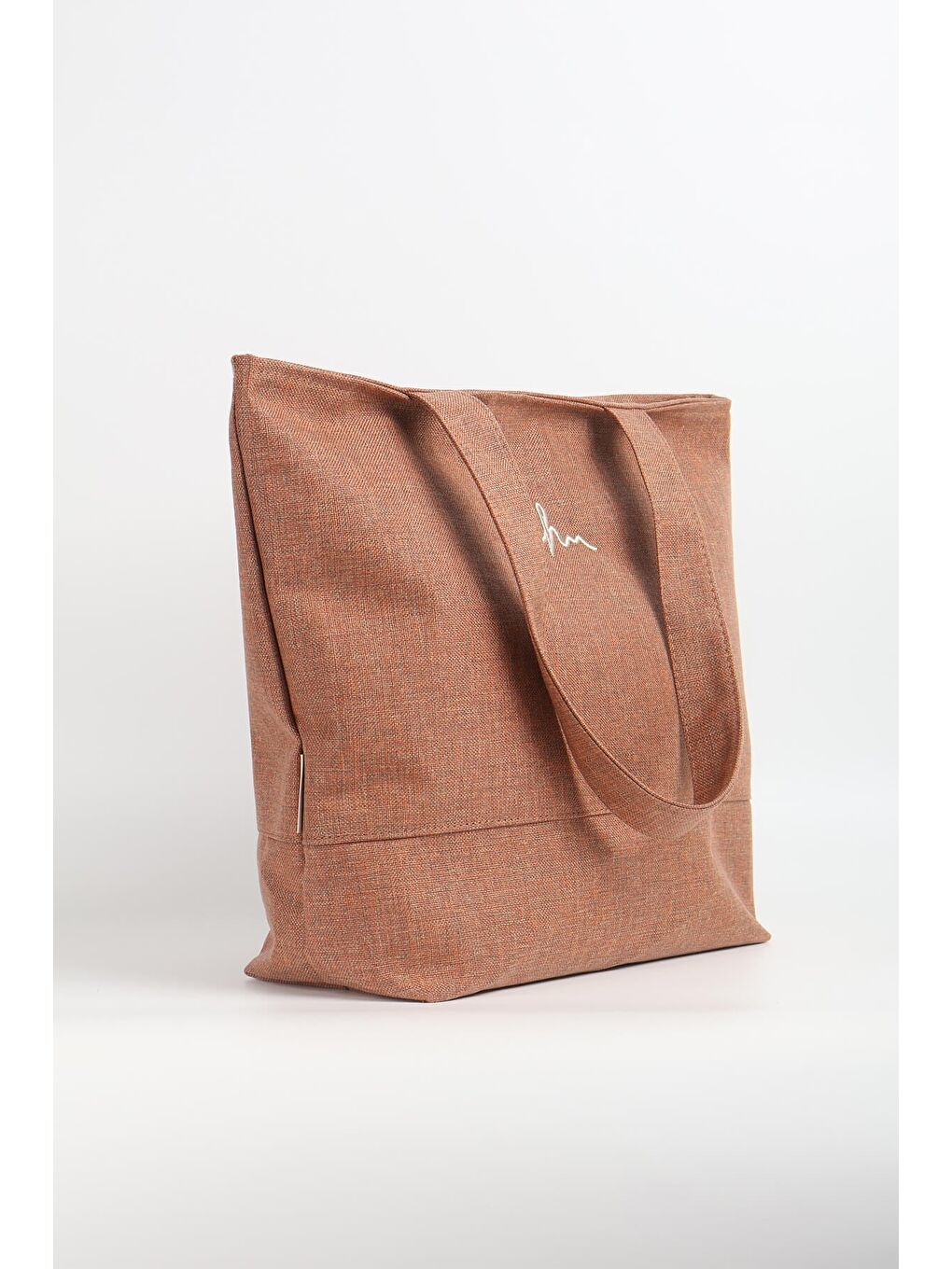 Kahverengi İmza Detaylı Nakışlı Fermuarlı Keten Plaj Çantası Kiremit Renk 35-2