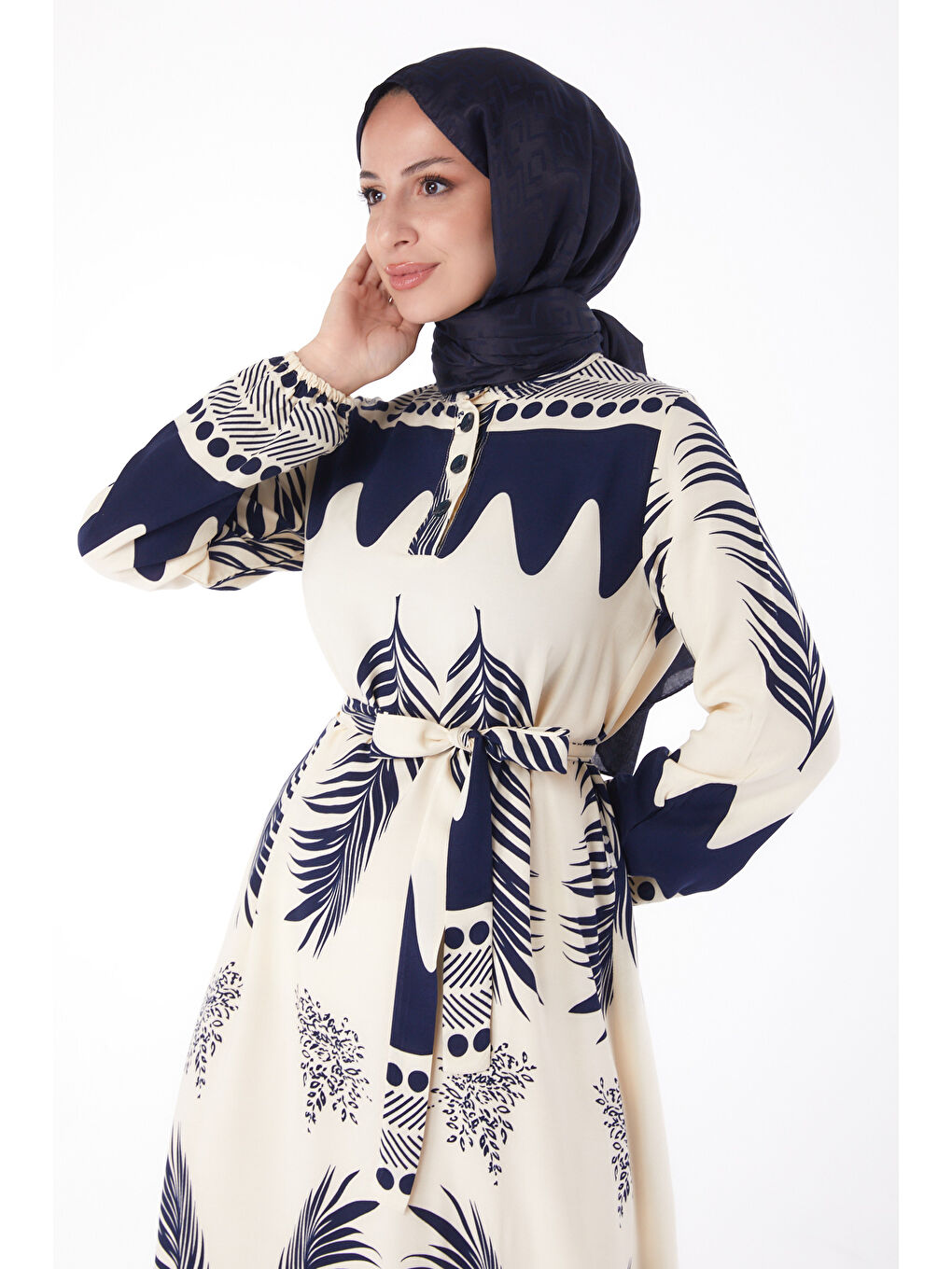 Sulu Deseli Patlı Elbise Lacivert - 13270-1