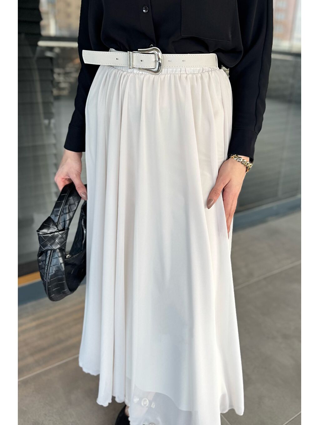 Bej Kemerli Tesettür Şifon Etek-5