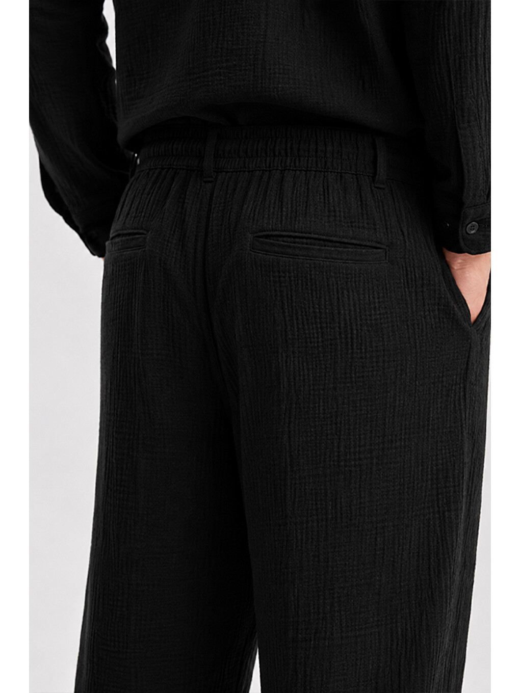 Erkek Siyah Regular Fit Müslin Pantolon-4