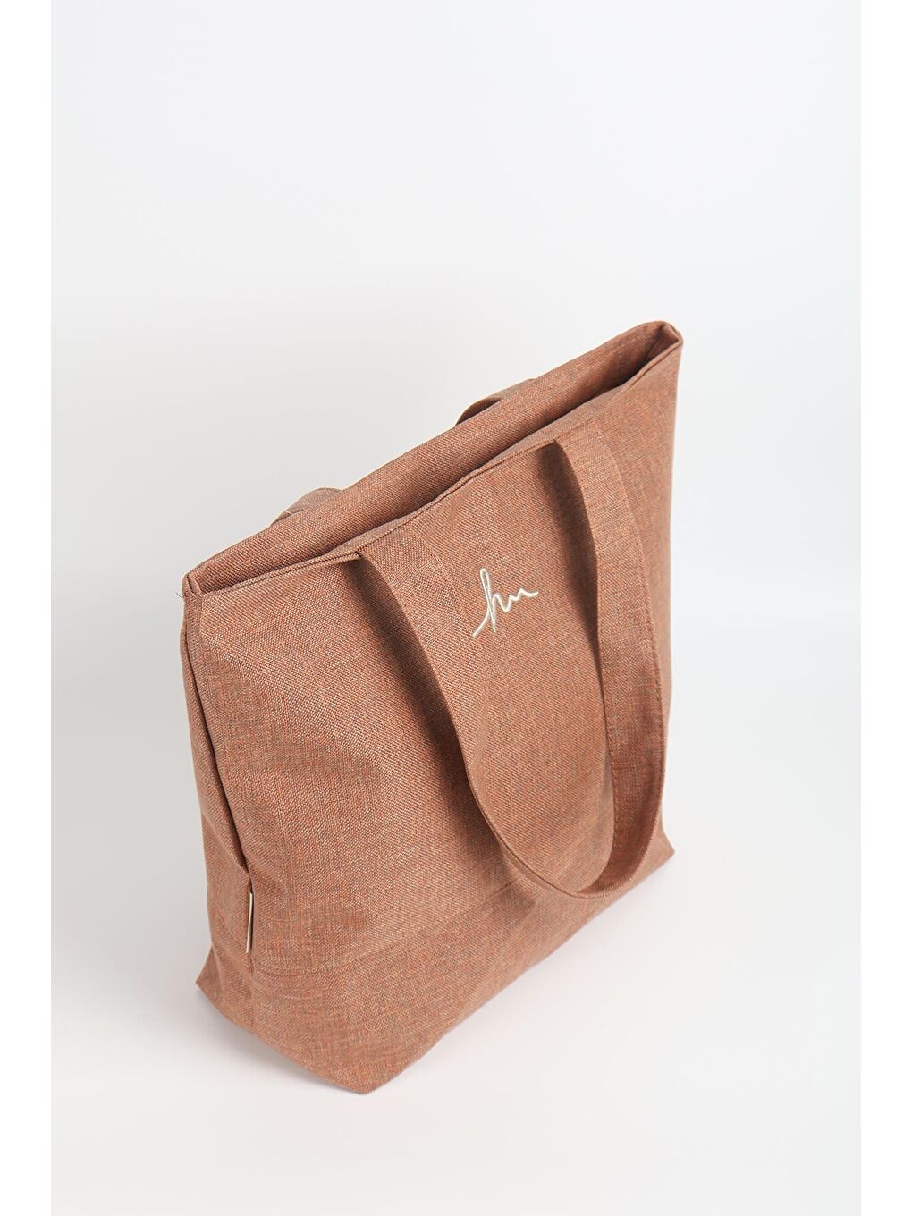 Kahverengi İmza Detaylı Nakışlı Fermuarlı Keten Plaj Çantası Kiremit Renk 35-3