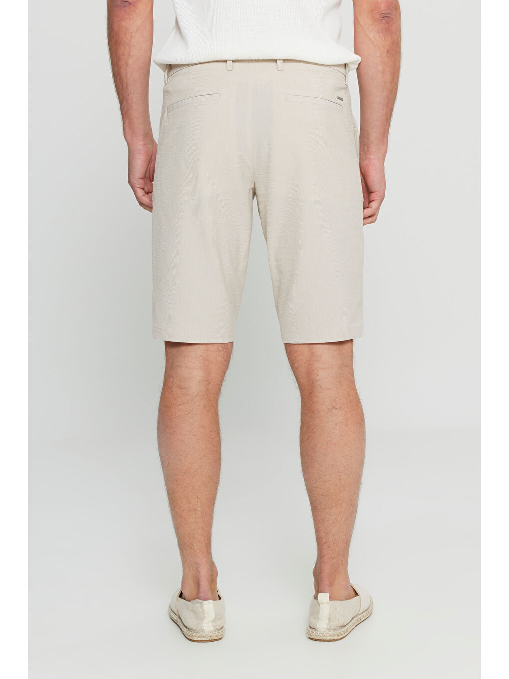 Bej Erkek Vizon Slim Fit Dar Kesim Gofre Desenli Yan Cepli Esnek Şort-4