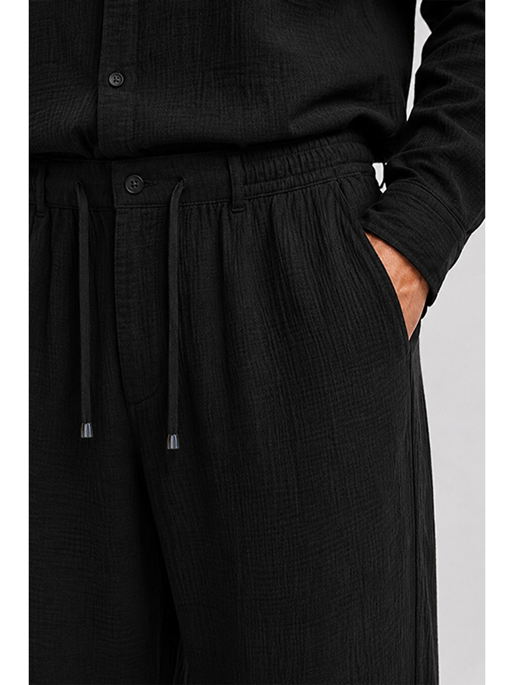 Erkek Siyah Regular Fit Müslin Pantolon-6