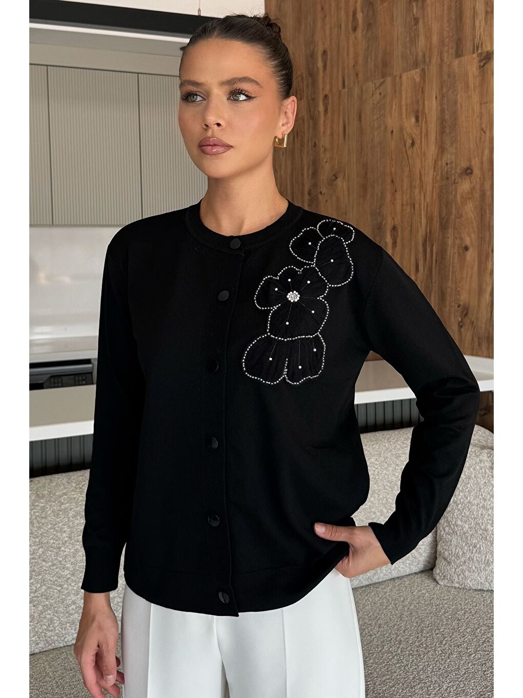 Siyah Kadın Tül İşlemeli Triko Hırka (s-m-l-xl Uyumludur)