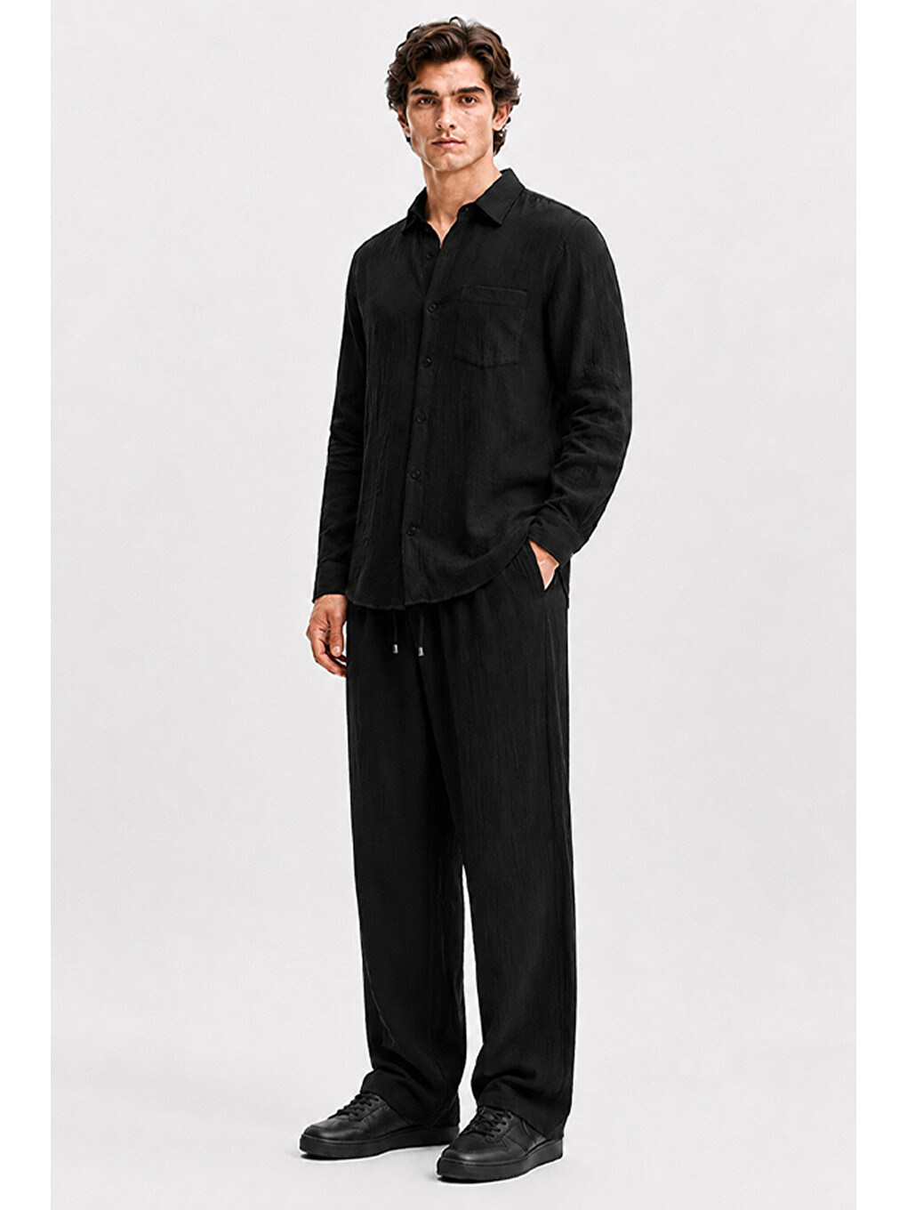 Erkek Siyah Regular Fit Müslin Pantolon-7