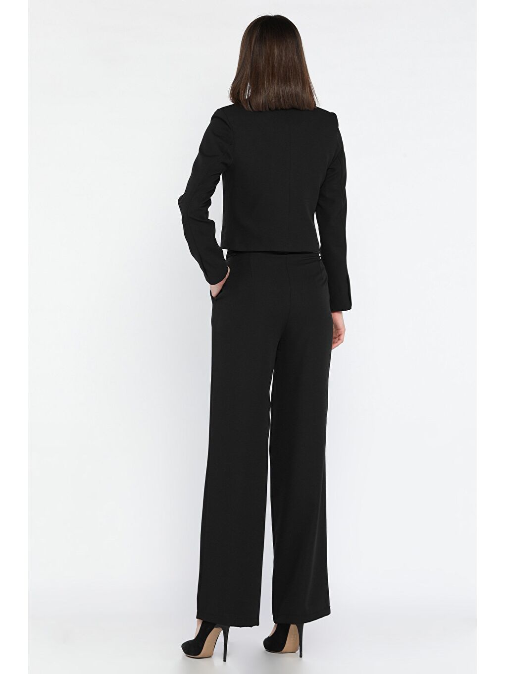 Siyah Kadın Dört Düğmeli Blazer Ceket Palazzo Pantolon İkili Takım-4