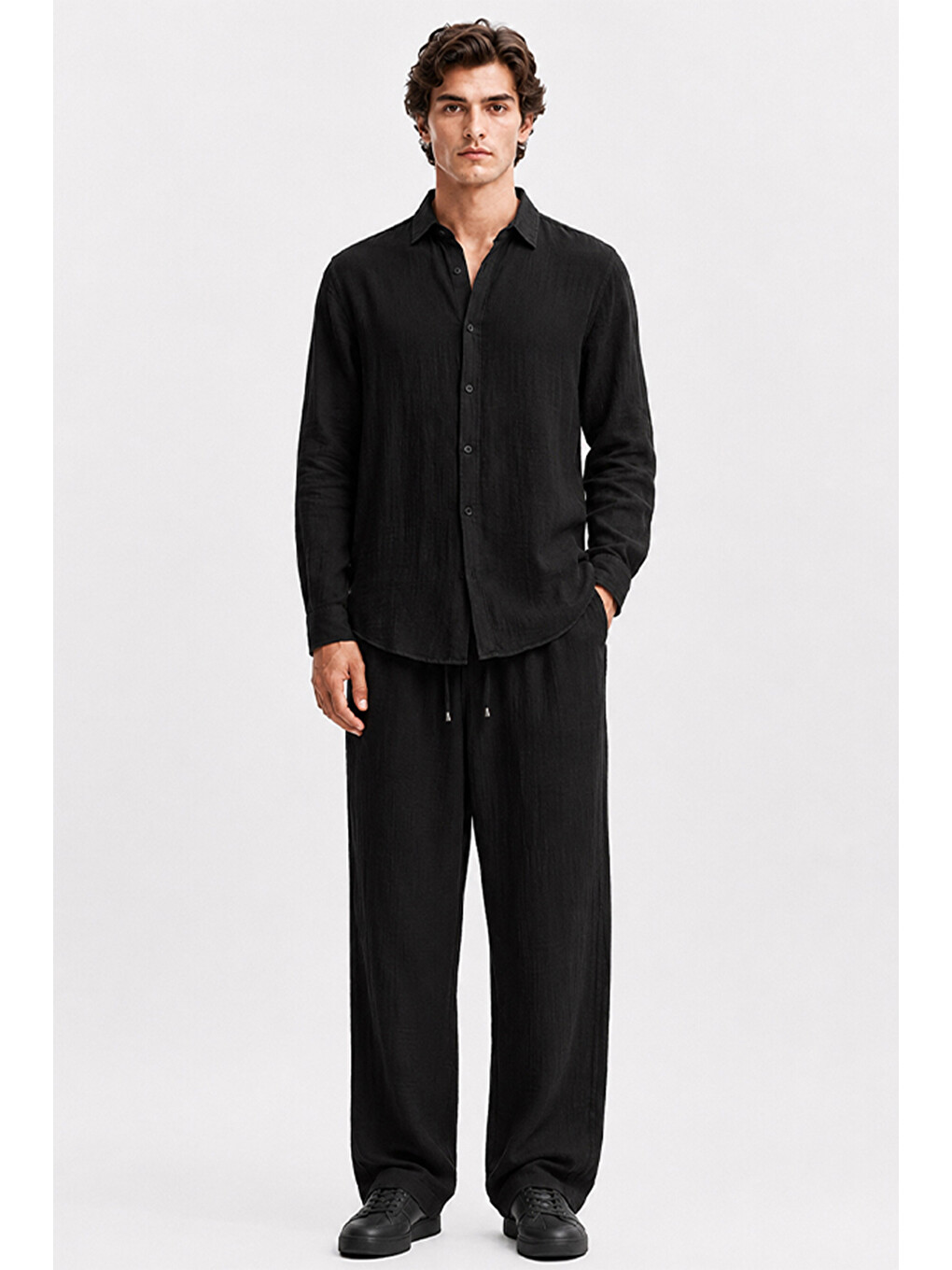 Erkek Siyah Regular Fit Müslin Pantolon-8