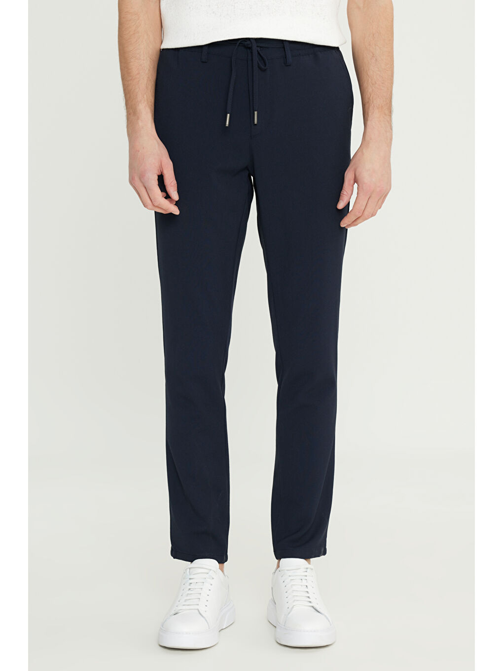 Erkek Lacivert Slim Fit Dar Kesim Beli Bağlamalı Yan Cepli Esnek Pantolon