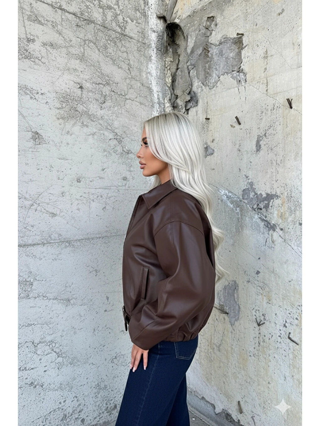 Kadın Kahverengi Fermuar Kapamalı Oversize Suni Deri Ceket HZL25W-BD110561-2