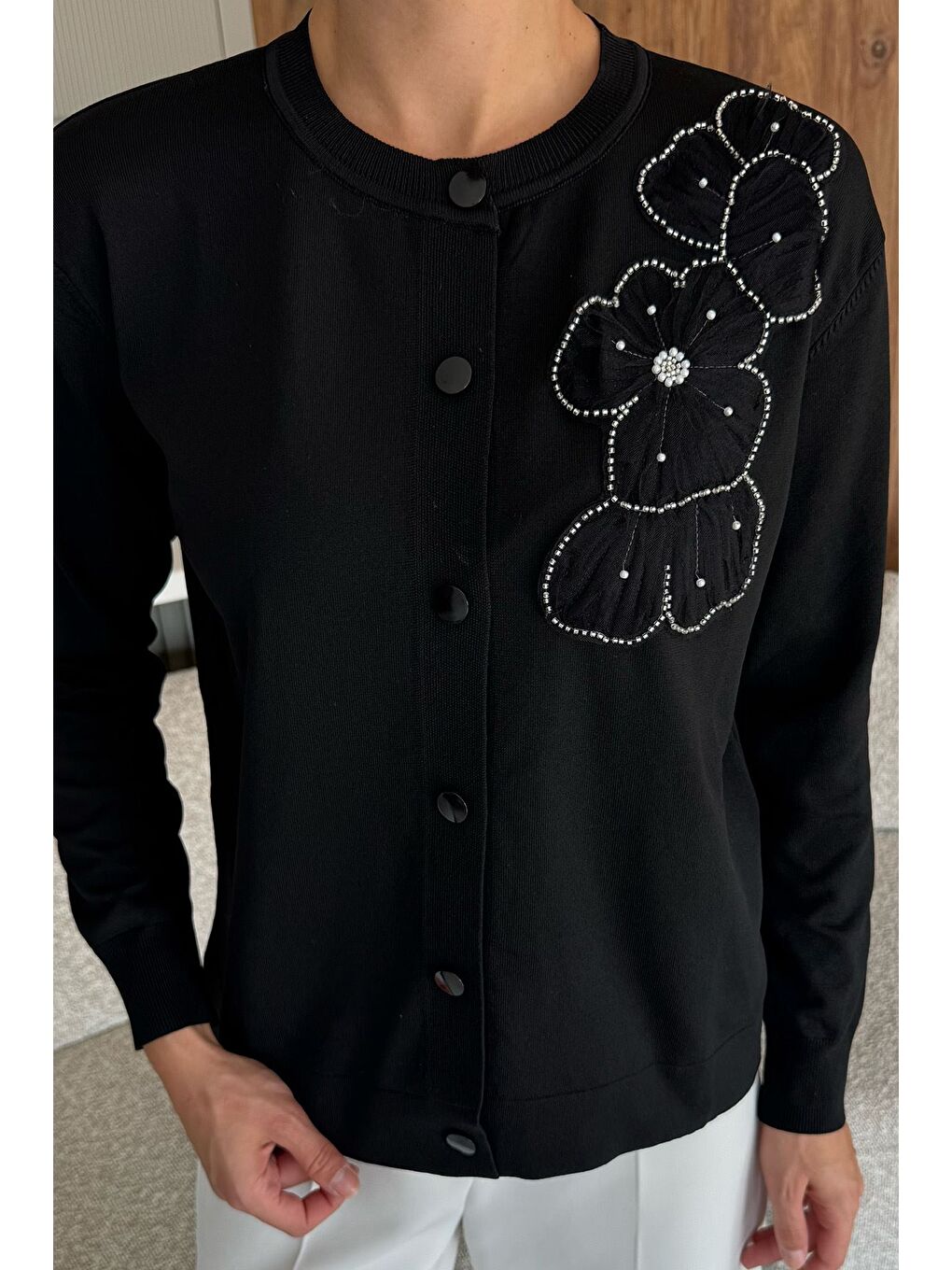 Siyah Kadın Tül İşlemeli Triko Hırka (s-m-l-xl Uyumludur)-2