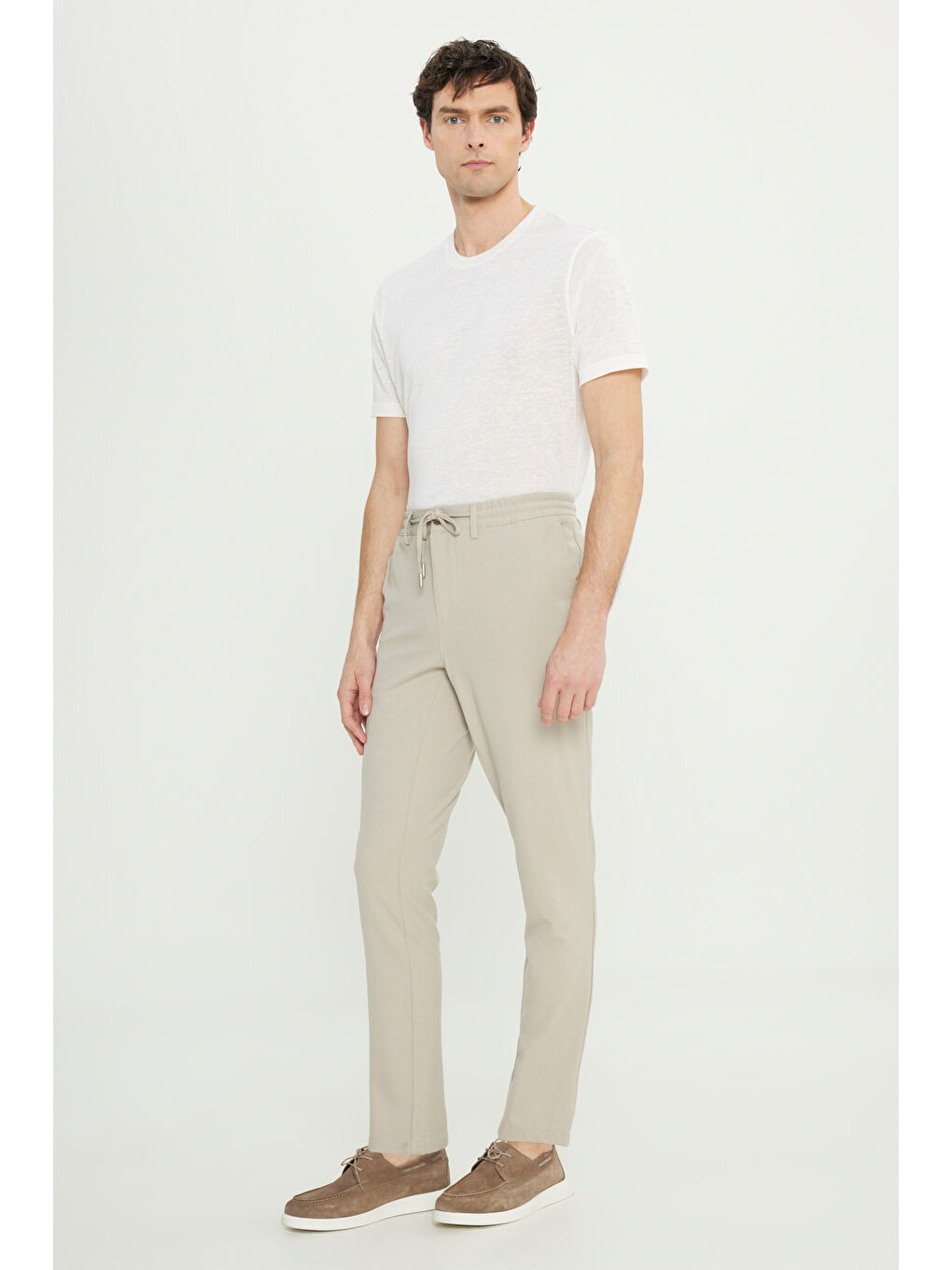 Erkek Bej Slim Fit Dar Kesim Beli Bağlamalı Yan Cepli Esnek Pantolon-2