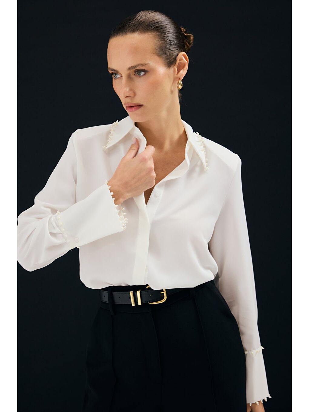 İşlemeli Gömlek - Ekru-4