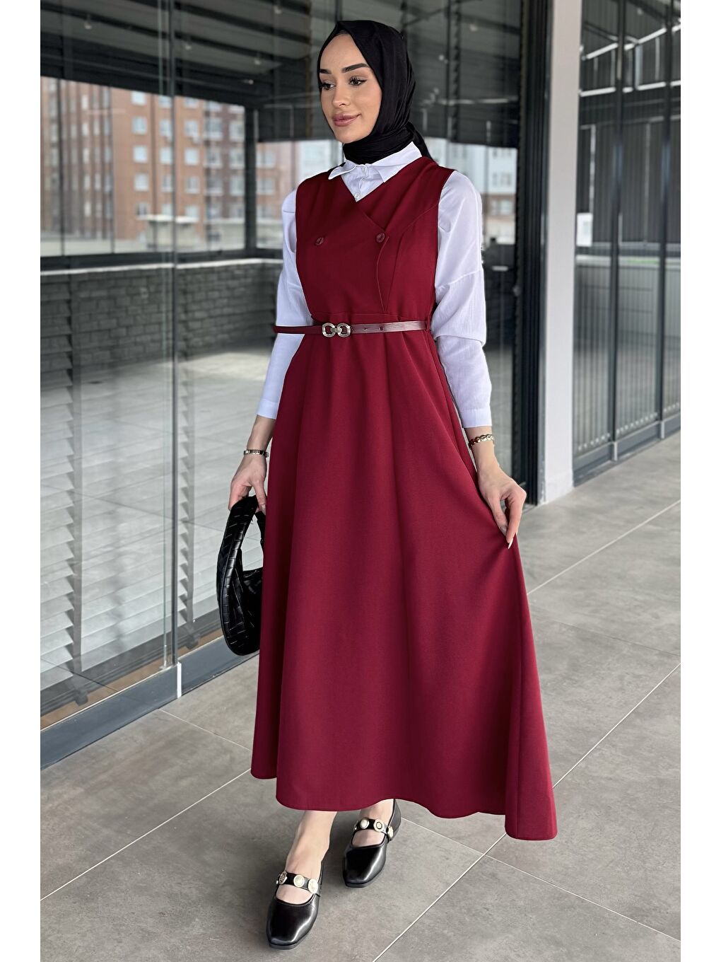 Bordo Kemerli Tesettür Jile Elbise