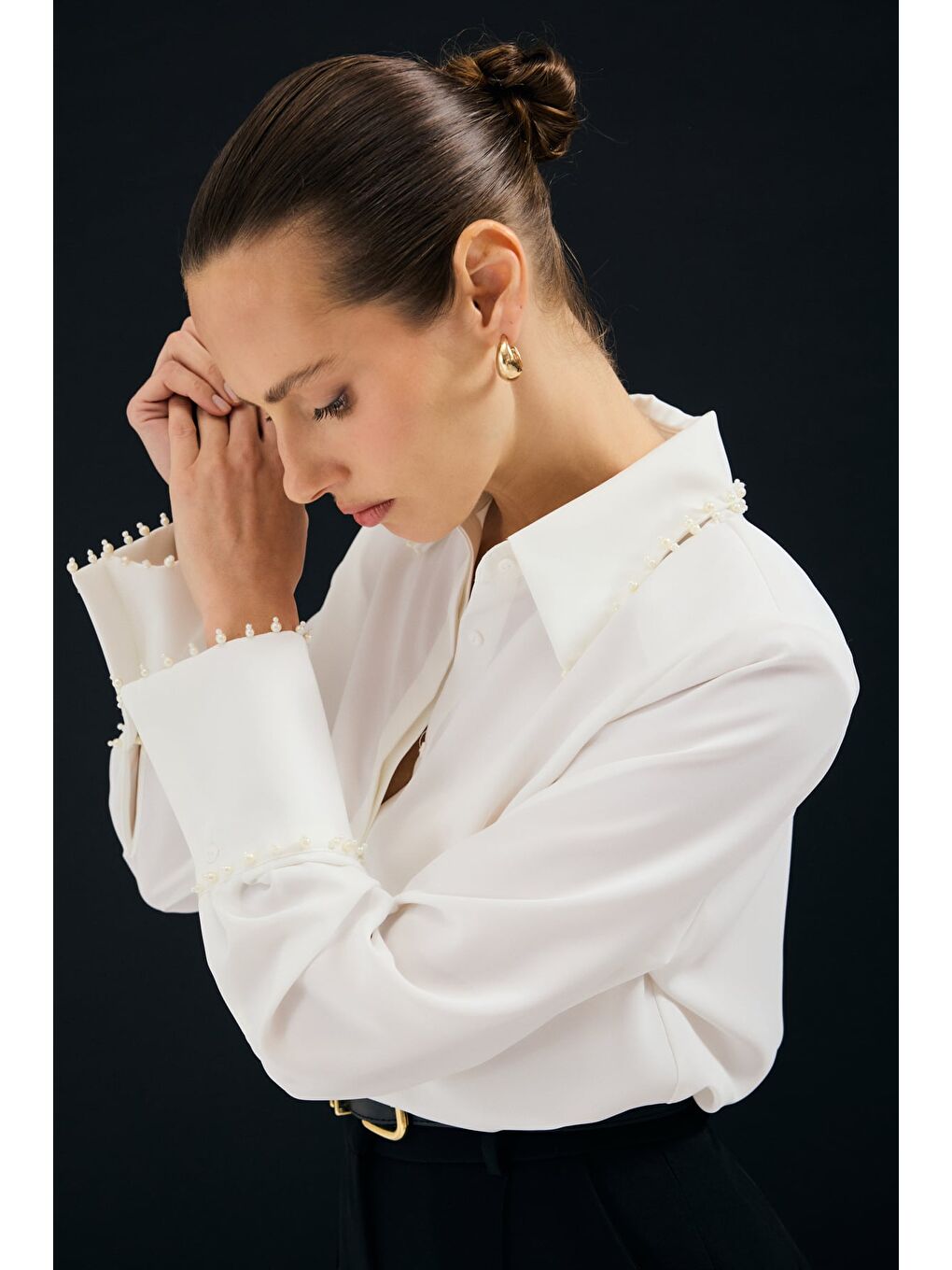 İşlemeli Gömlek - Ekru-5