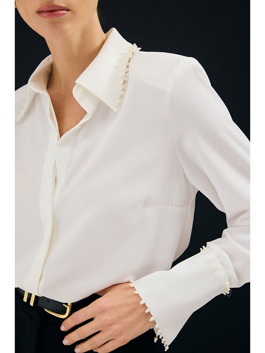 İşlemeli Gömlek - Ekru-6