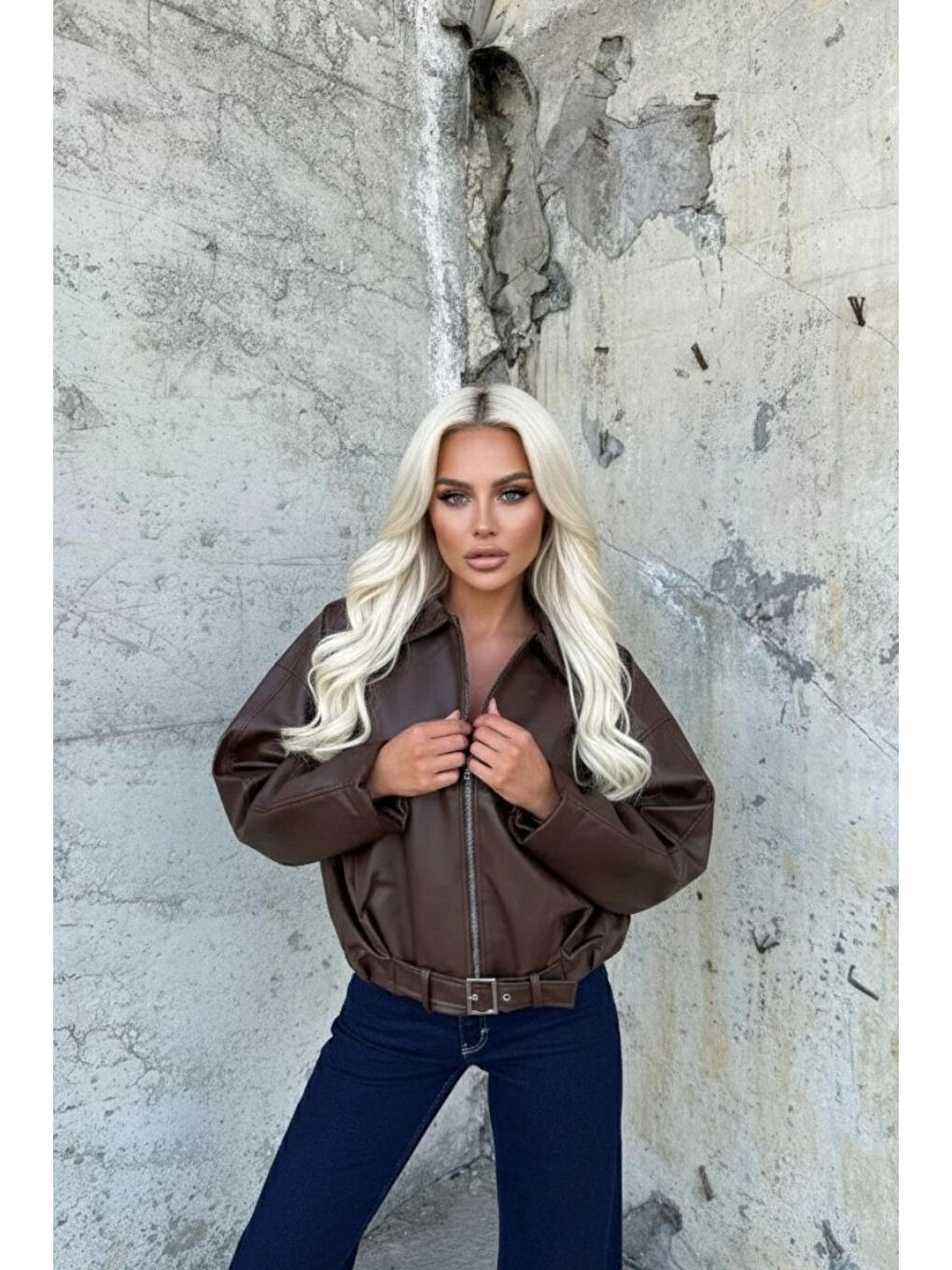 Kadın Kahverengi Fermuar Kapamalı Oversize Suni Deri Ceket HZL25W-BD110561-3