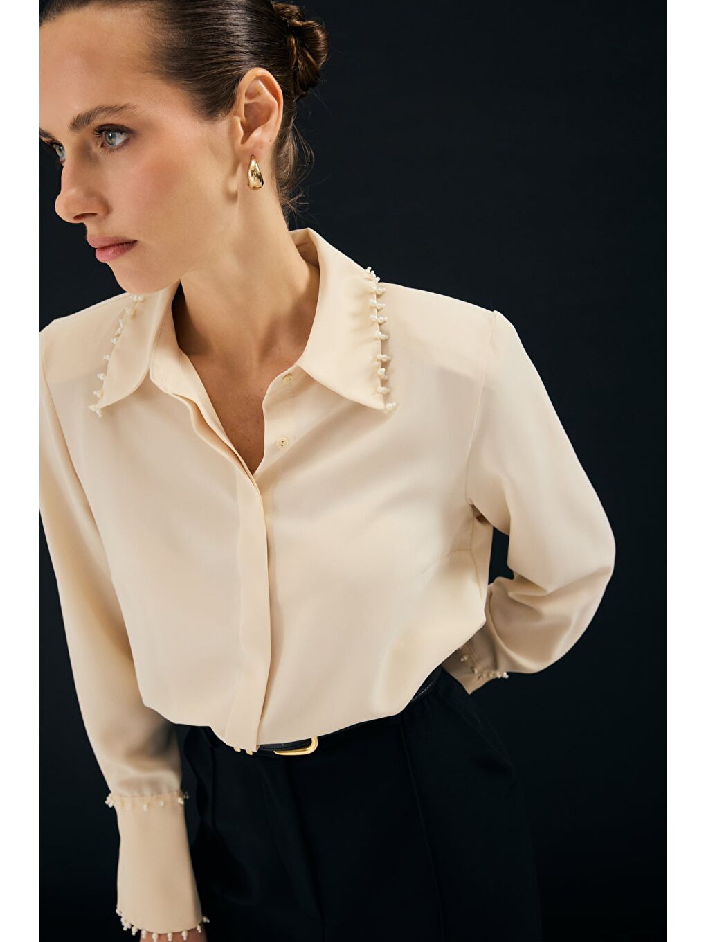 İşlemeli Gömlek - Bej-1