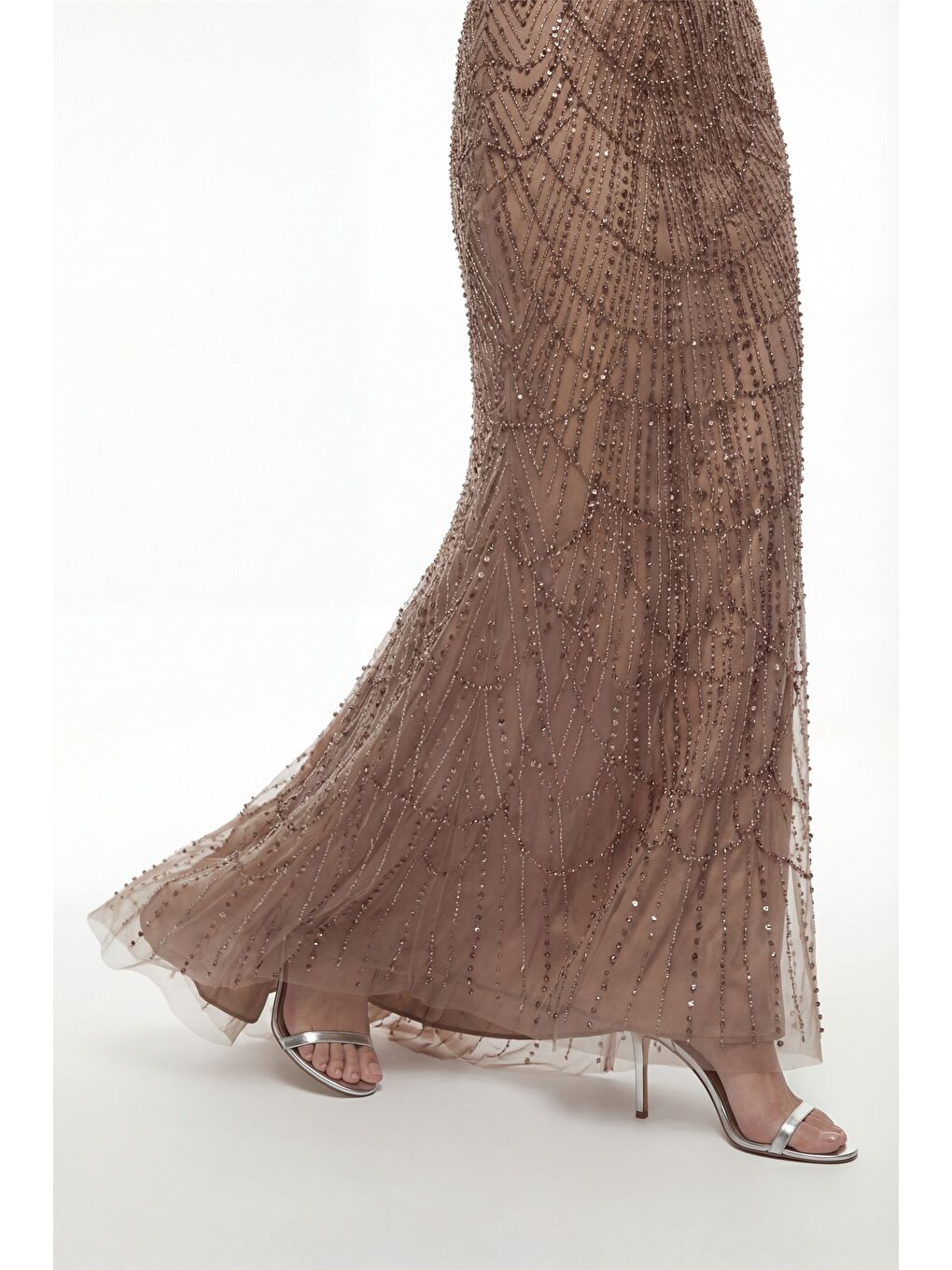 Bej Kadın Vizon Kayık Yaka Boncuklu Uzun Abiye Elbise-2