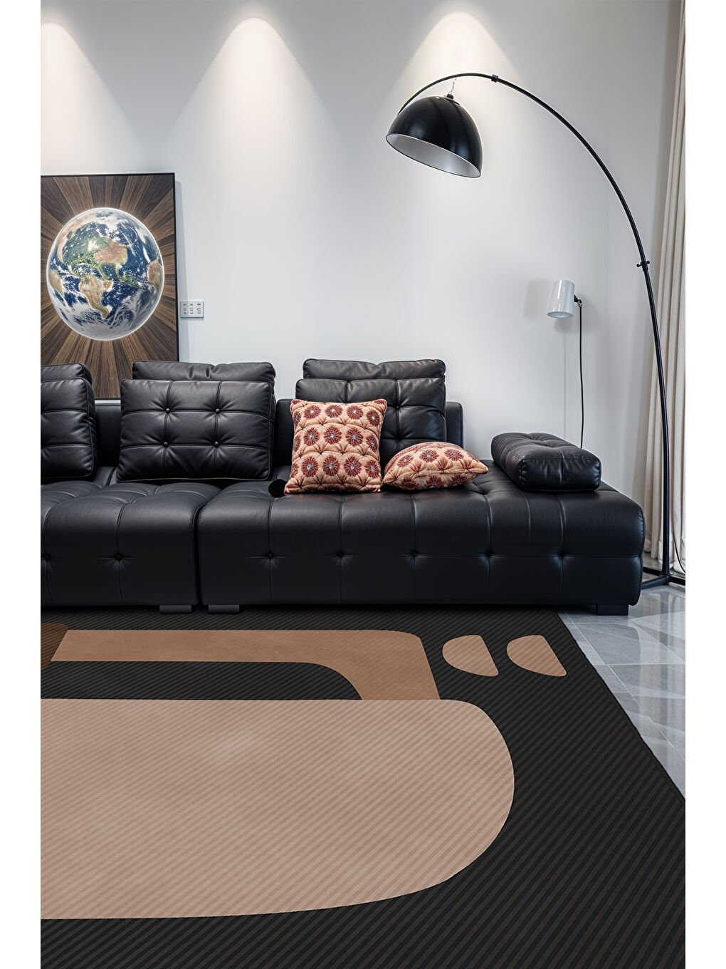 Siyah Dekoratif Salon Halısı, Makinada Yıkanabilir, Kaymaz Taban, İnce & Modern Tasarım-1