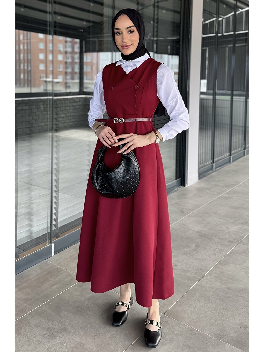 Bordo Kemerli Tesettür Jile Elbise-3