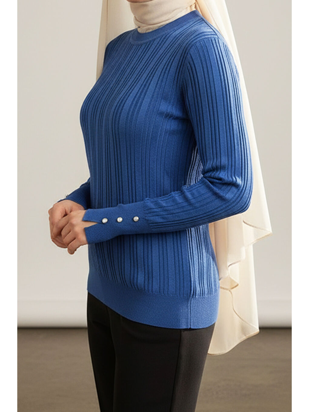 Mavi Kol Bilek Düğme Detaylı Triko Uzun Kol Kazak 34032 Saks-1