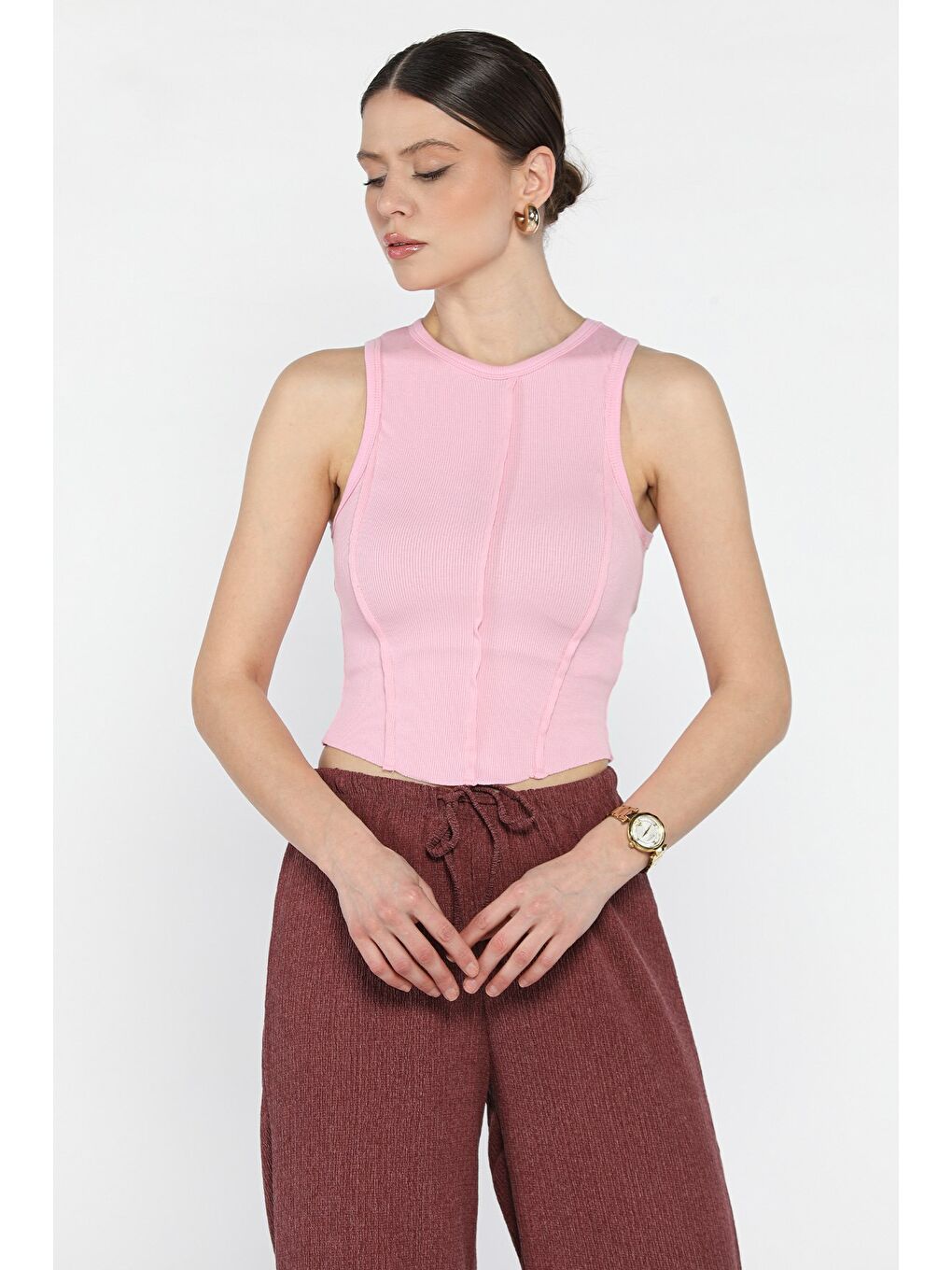 Pembe Kadın Bisiklet Yaka Parçalı Elastanlı Bluz-1