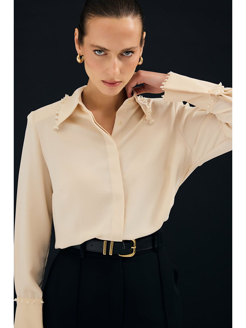 İşlemeli Gömlek - Bej-2