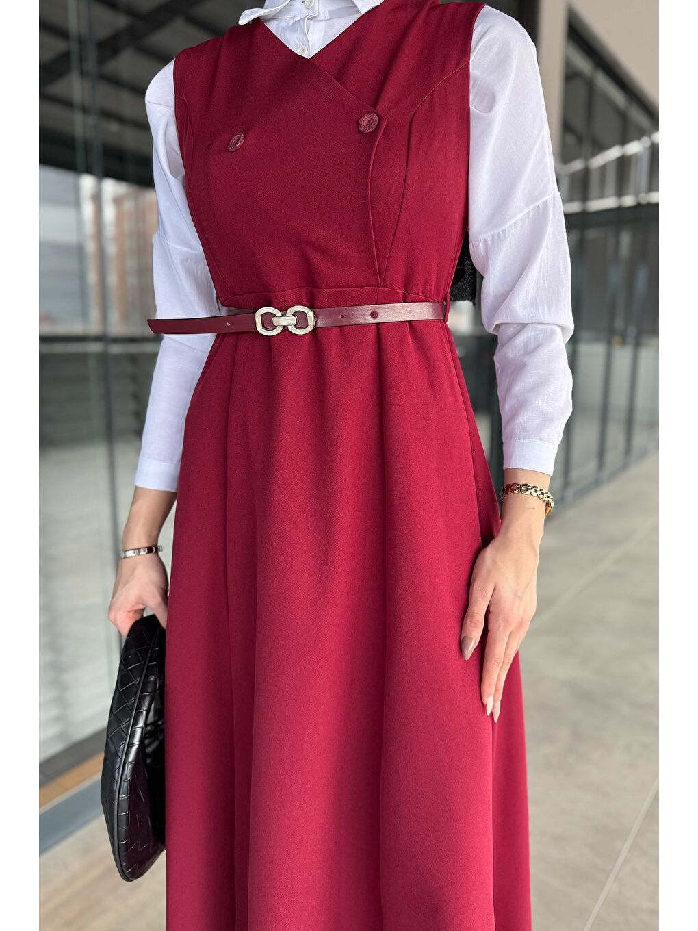 Bordo Kemerli Tesettür Jile Elbise-4