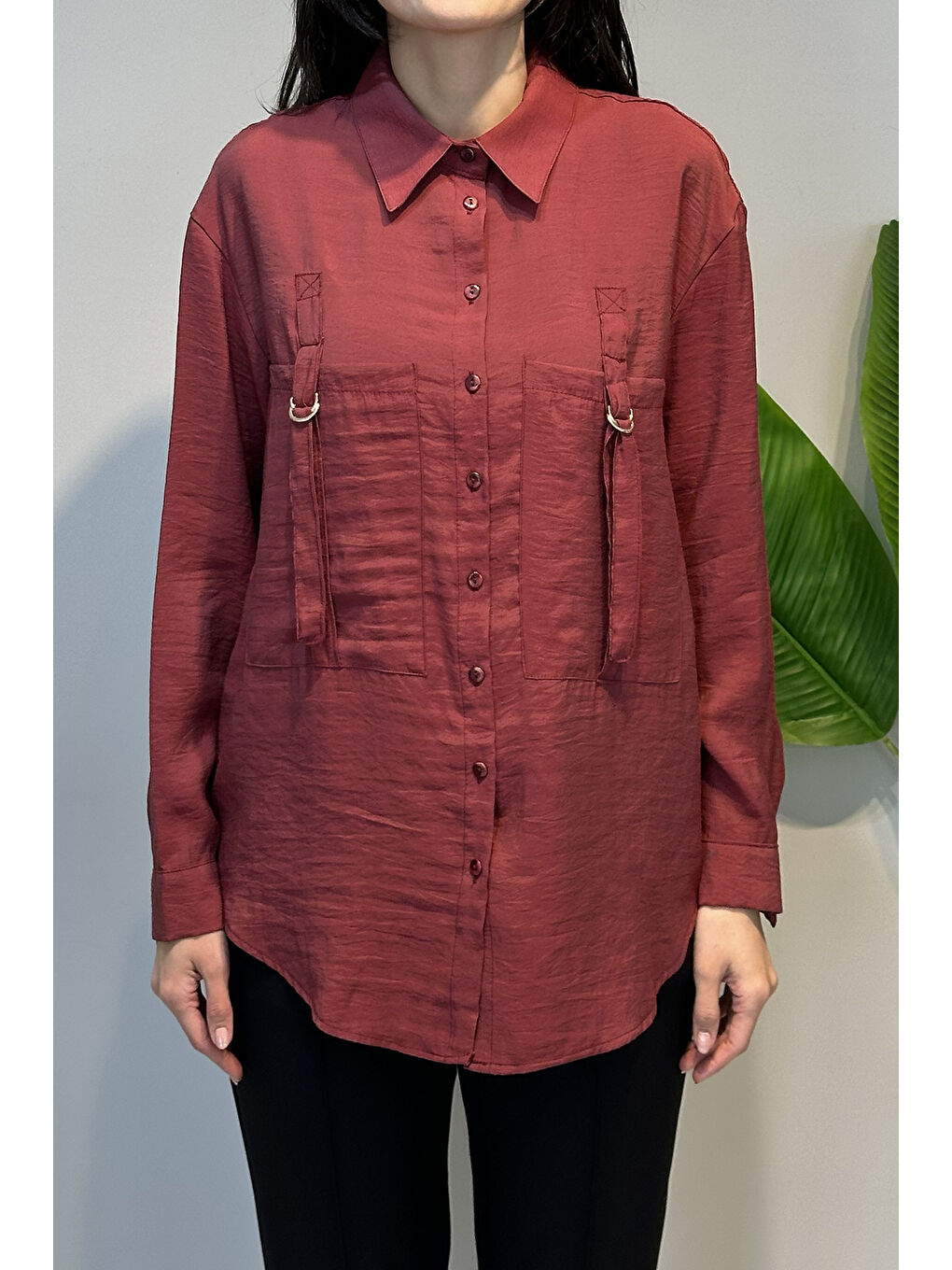 Önden İki Cepli Toka Detaylı Gömlek 191 Bordo-1