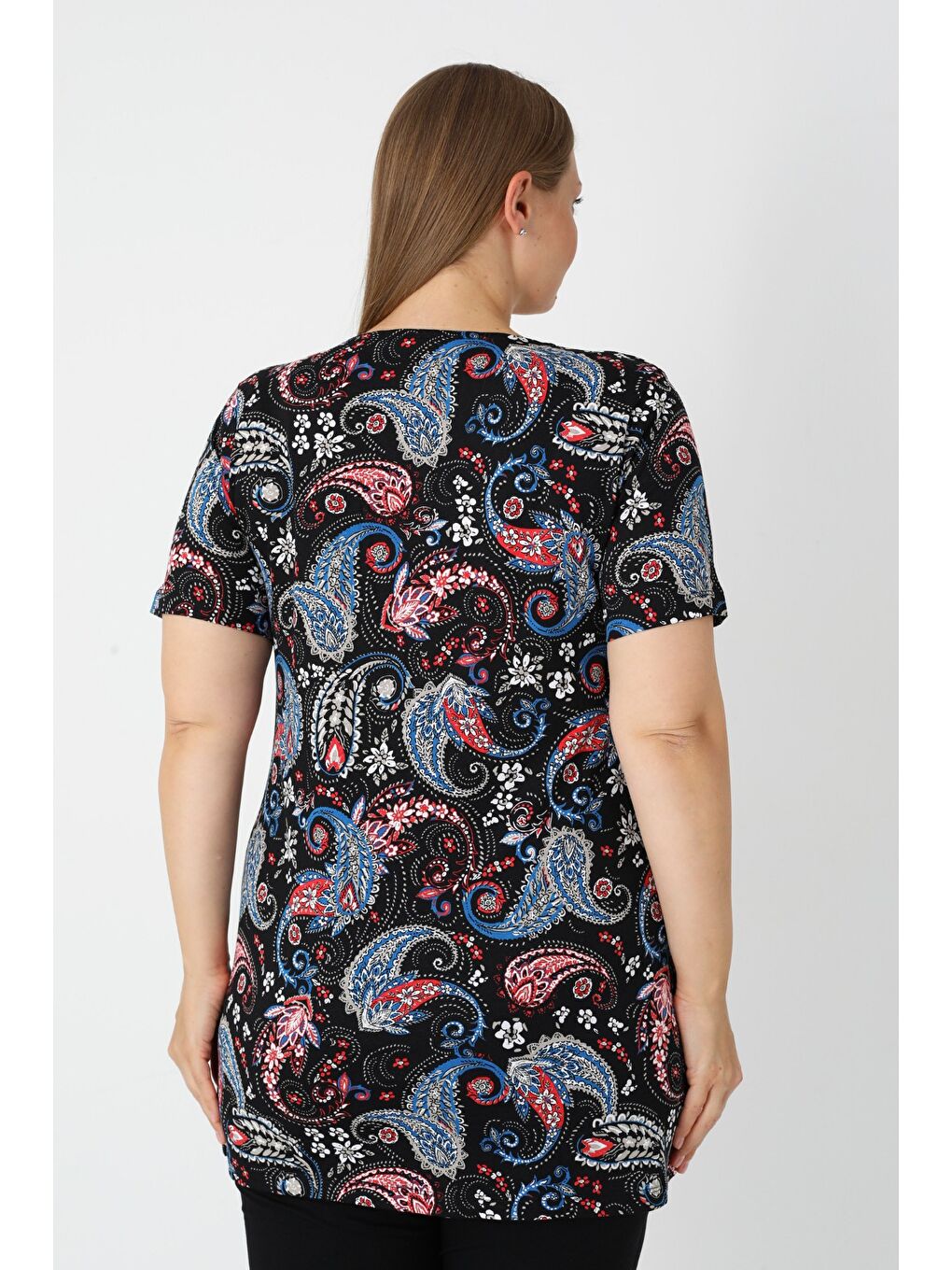 Karışık Haki Desenli Kısa Kollu Kadın Büyük Beden Pamuklu T-shirt-4